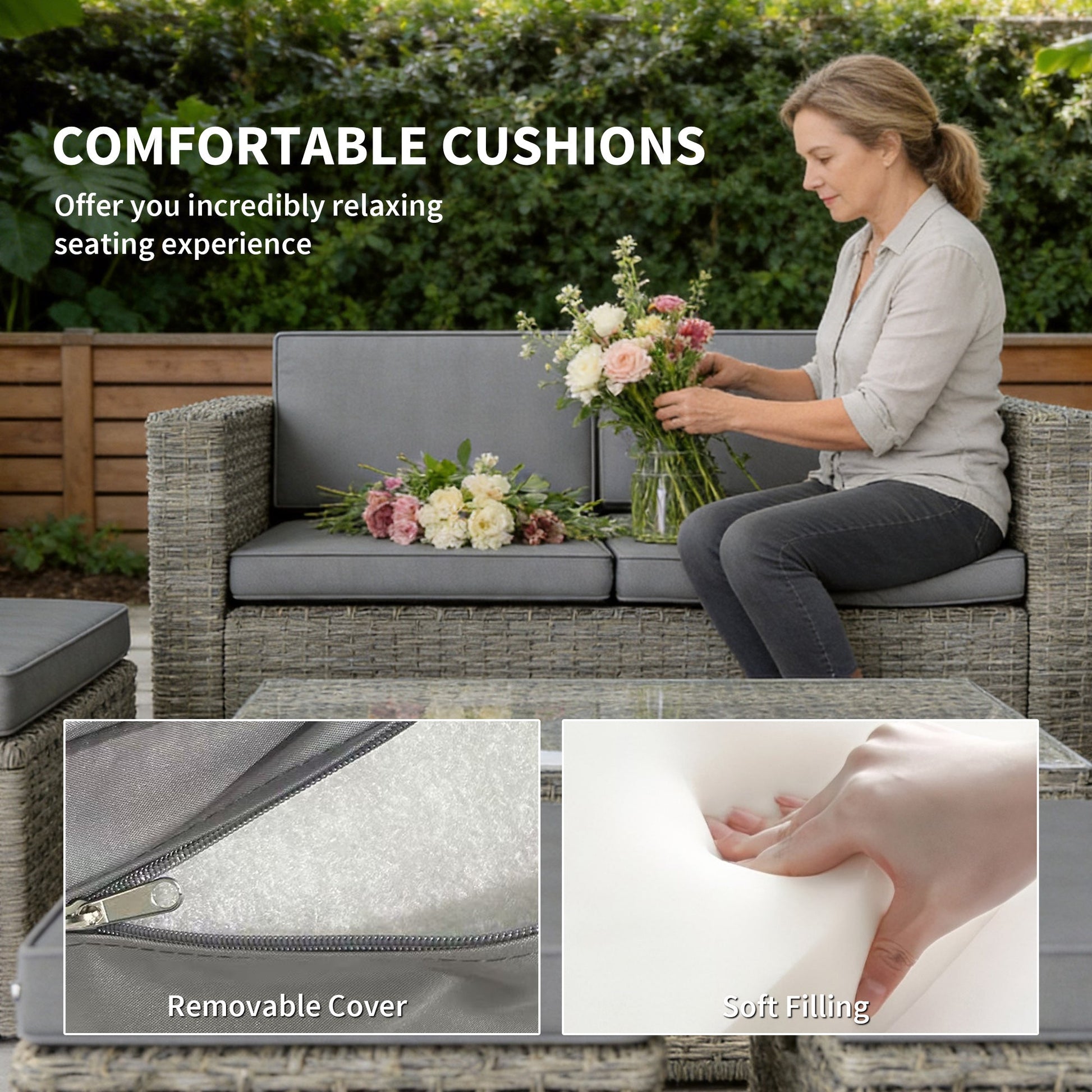 6 Piece Rattan Garden Furniture Set, 6 Seater Nesting Wicker Patio Conversation Set with Loveseat, 2 Chairs, Glass Top Table, 2 Footstools, Cushions, Adjustable Pads for Outdoor, Dark Grey