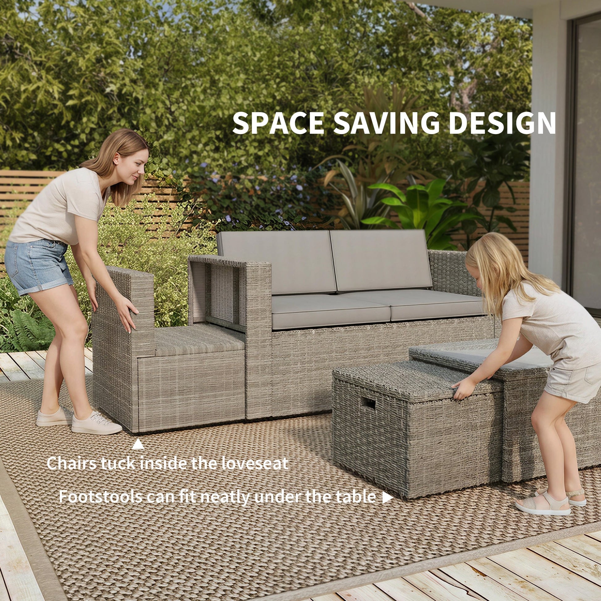 6 Piece Rattan Garden Furniture Set, 6 Seater Nesting Wicker Patio Conversation Set with Loveseat, 2 Chairs, Glass Top Table, 2 Footstools, Cushions, Adjustable Pads for Outdoor, Dark Grey