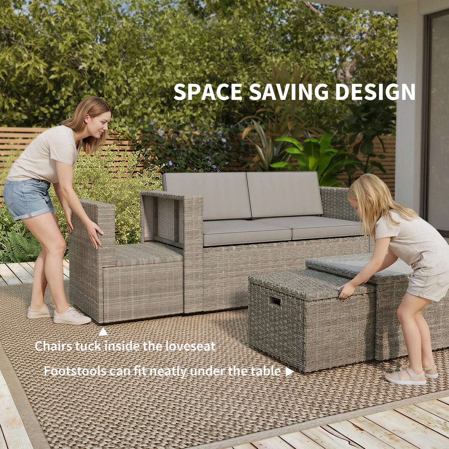6 Piece Rattan Garden Furniture Set, 6 Seater Nesting Wicker Patio Conversation Set with Loveseat, 2 Chairs, Glass Top Table, 2 Footstools, Cushions, Adjustable Pads for Outdoor, Dark Grey