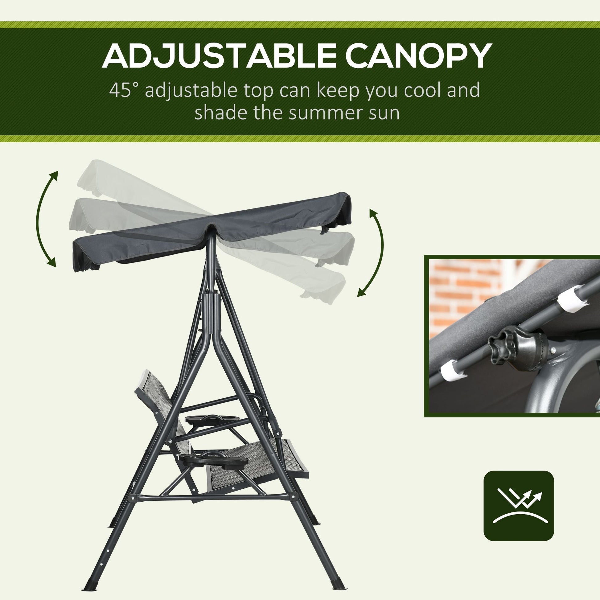 3 Seater Swing Chair, Garden Swing Seat Bench with Adjustable Canopy, Rattan Seat and Steel Frame for Patio, Yard, Dark Grey