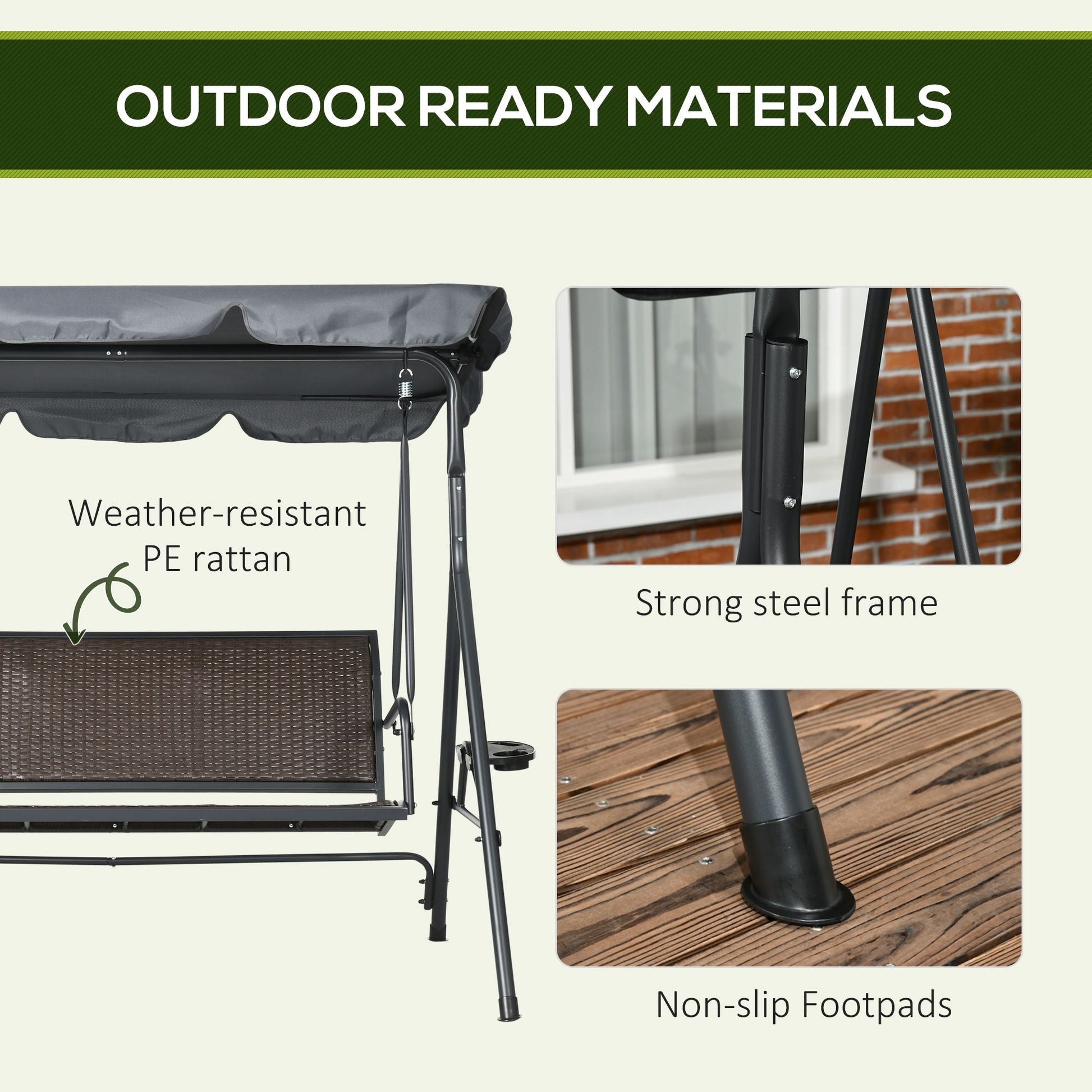 3 Seater Swing Chair, Garden Swing Seat Bench with Adjustable Canopy, Rattan Seat and Steel Frame for Patio, Yard, Dark Grey