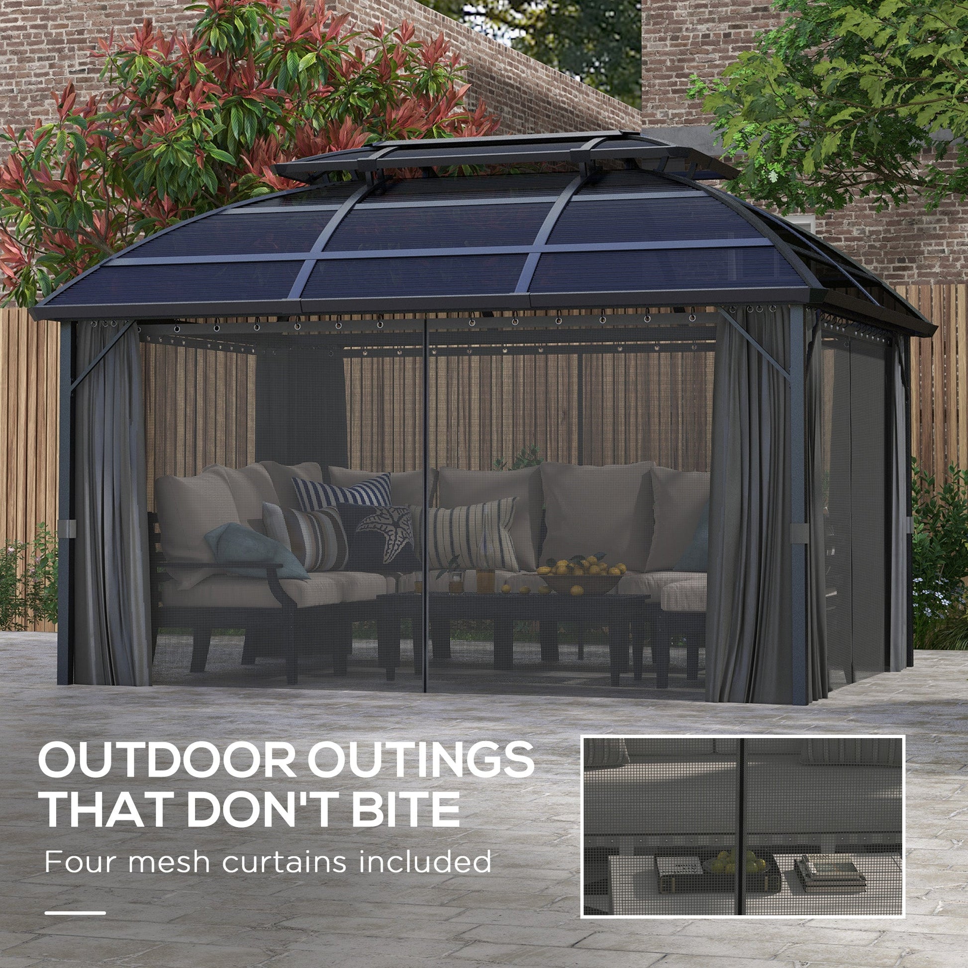 4 x 3(m) Polycarbonate Gazebo Outdoor, Hardtop Garden Patio Gazebo with Curtains, Nettings, Double Roof, Aluminium Frame for Lawn, Yard, Patio, Deck, Black