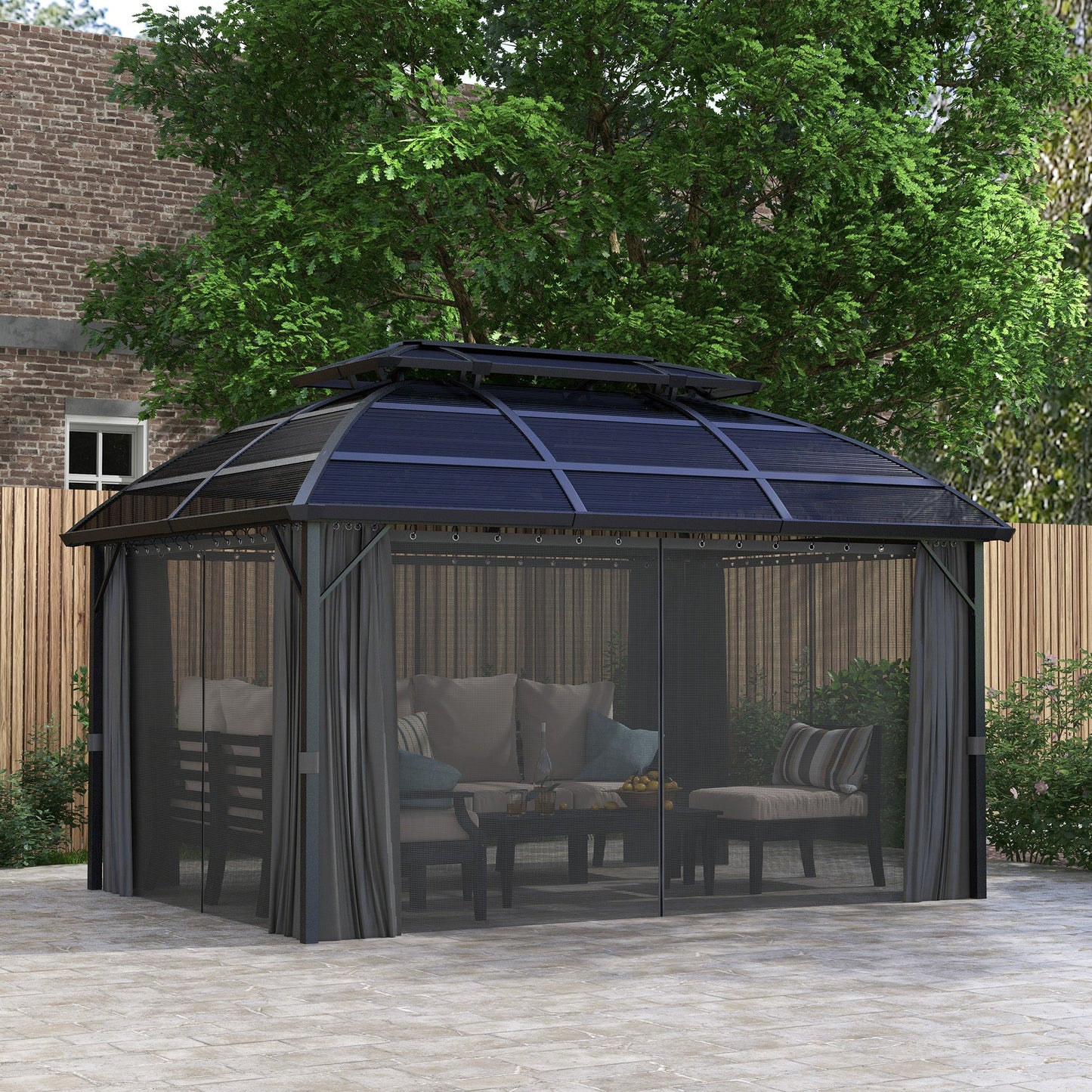 4 x 3(m) Polycarbonate Gazebo Outdoor, Hardtop Garden Patio Gazebo with Curtains, Nettings, Double Roof, Aluminium Frame for Lawn, Yard, Patio, Deck, Black