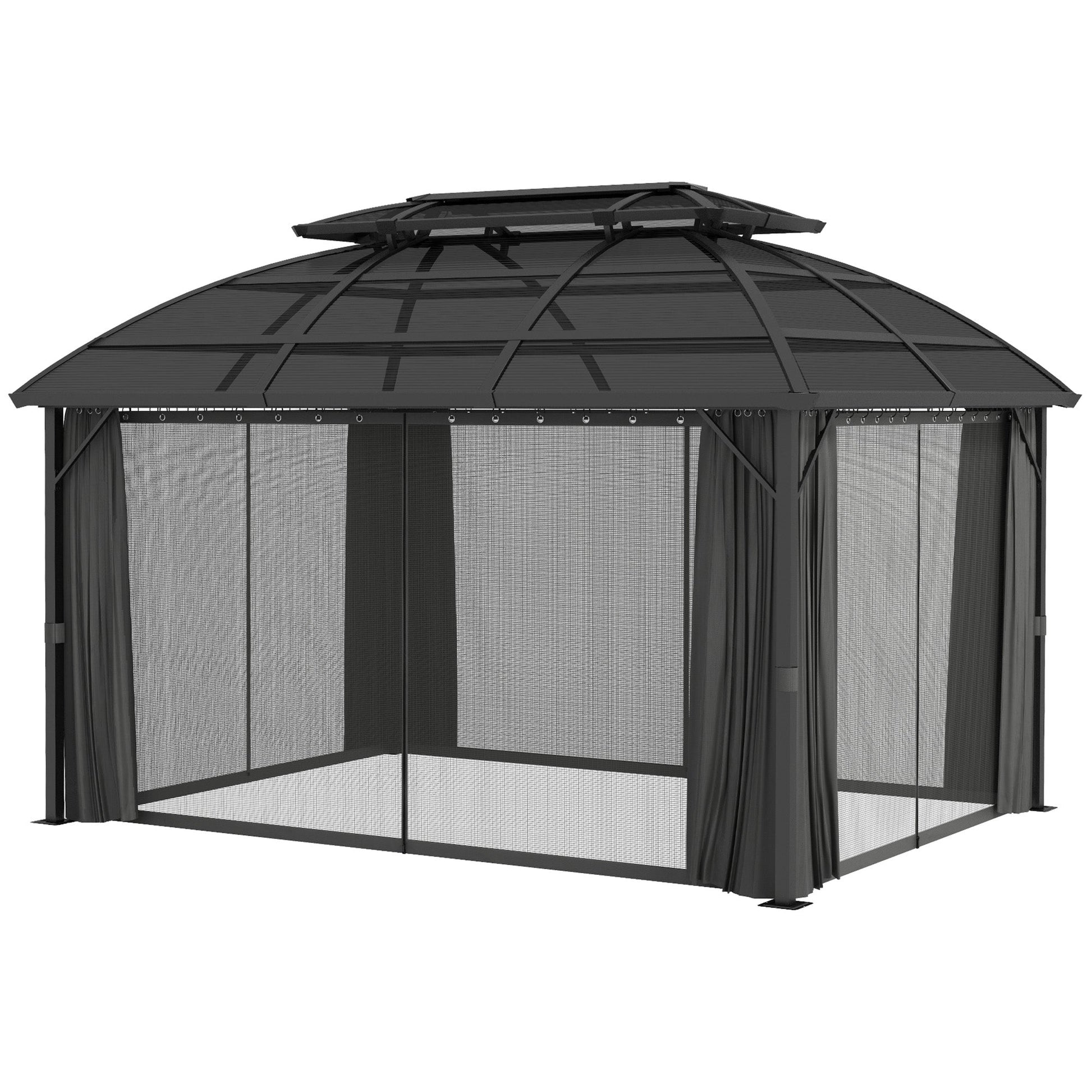 4 x 3(m) Polycarbonate Gazebo Outdoor, Hardtop Garden Patio Gazebo with Curtains, Nettings, Double Roof, Aluminium Frame for Lawn, Yard, Patio, Deck, Black