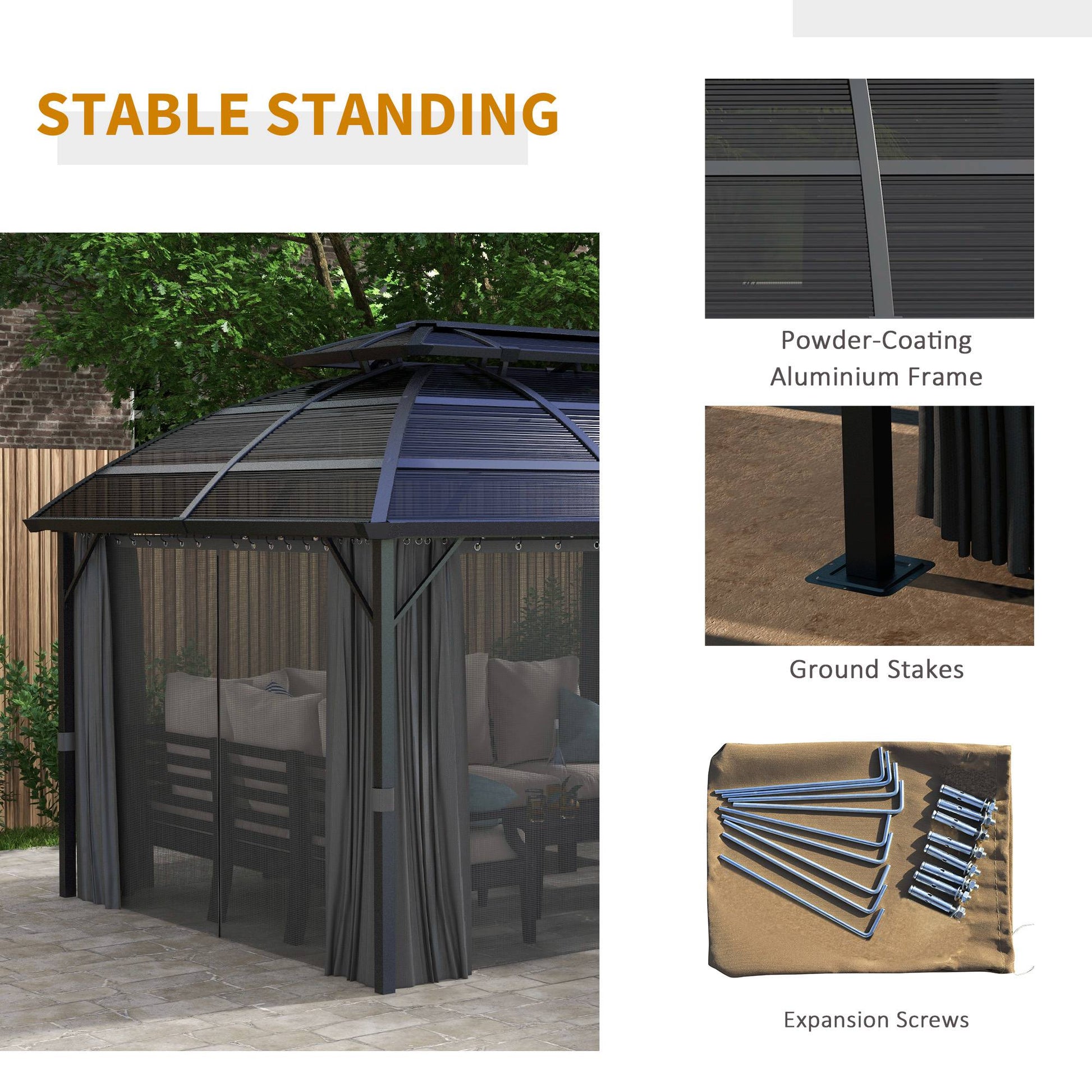 4 x 3(m) Polycarbonate Gazebo Outdoor, Hardtop Garden Patio Gazebo with Curtains, Nettings, Double Roof, Aluminium Frame for Lawn, Yard, Patio, Deck, Black