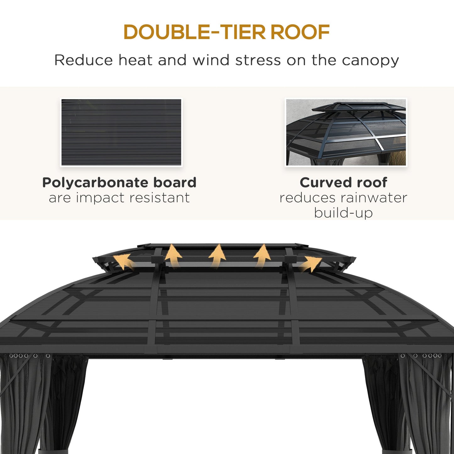 4 x 3(m) Polycarbonate Gazebo Outdoor, Hardtop Garden Patio Gazebo with Curtains, Nettings, Double Roof, Aluminium Frame for Lawn, Yard, Patio, Deck, Black
