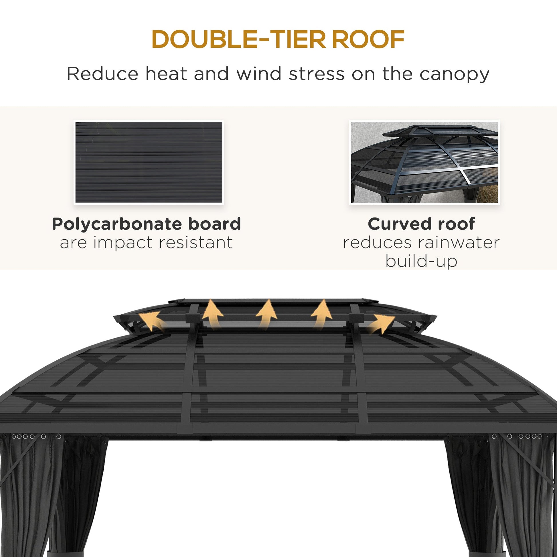 4 x 3(m) Polycarbonate Gazebo Outdoor, Hardtop Garden Patio Gazebo with Curtains, Nettings, Double Roof, Aluminium Frame for Lawn, Yard, Patio, Deck, Black