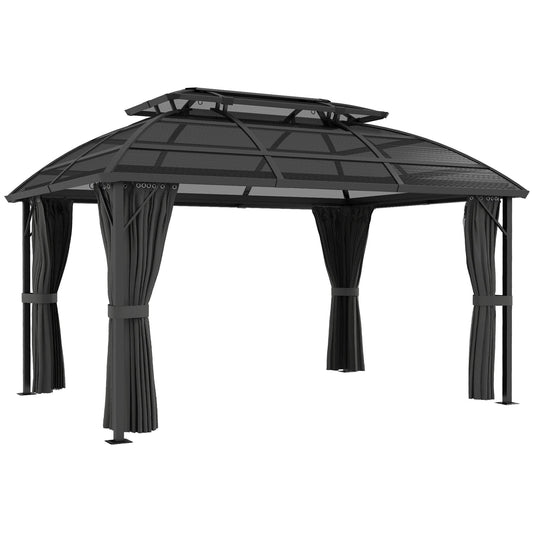 4 x 3(m) Polycarbonate Gazebo Outdoor, Hardtop Garden Patio Gazebo with Curtains, Nettings, Double Roof, Aluminium Frame for Lawn, Yard, Patio, Deck, Black