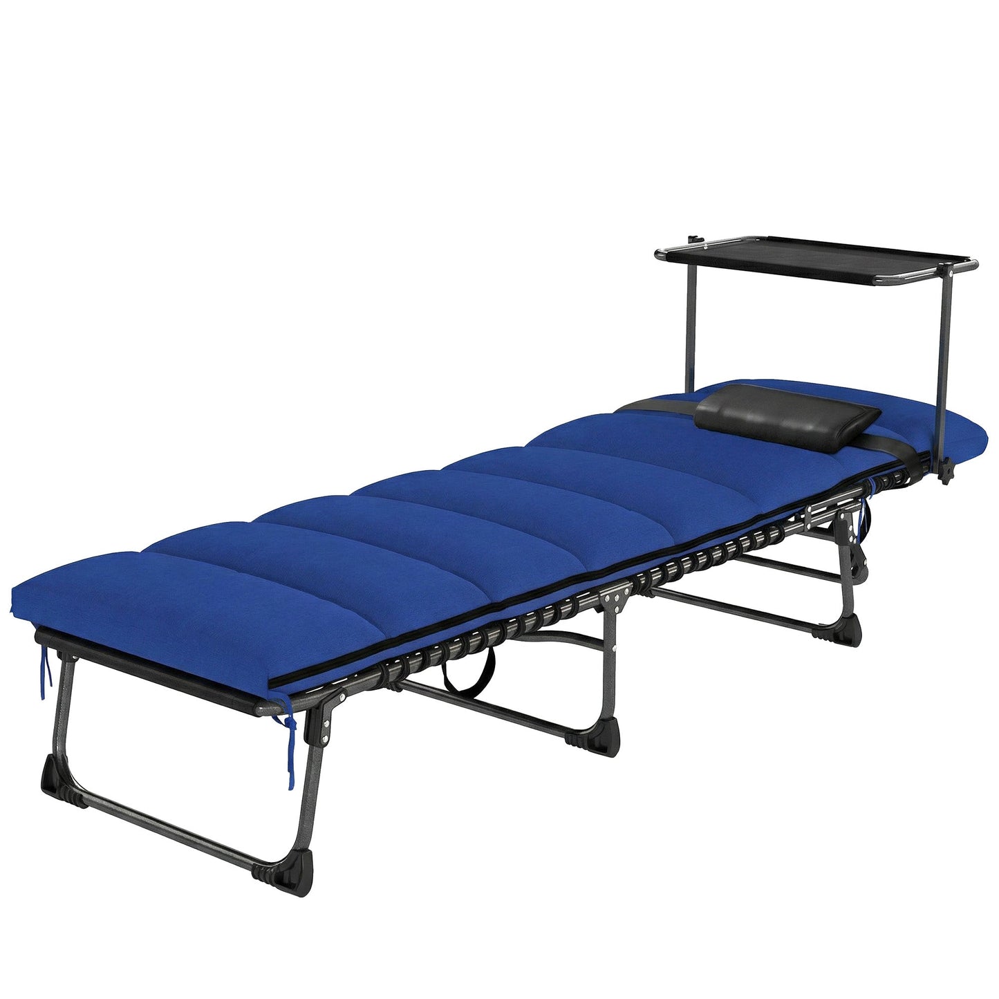 Folding Sun Lounger with Canopy, 5-Position Reclining Garden Lounger, Side Pocket, Headrest, Cushion, Portable Recliner Sunbed with Carry Handle for Camping Beach Patio, Dark Blue