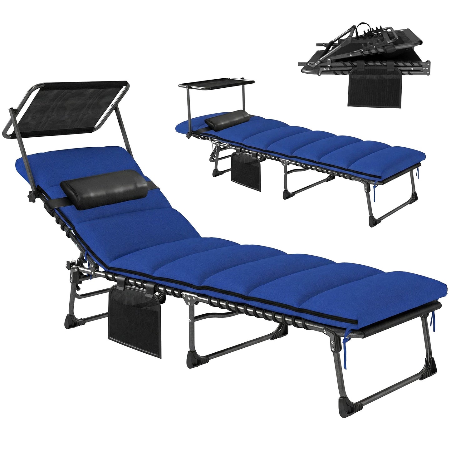 Folding Sun Lounger with Canopy, 5-Position Reclining Garden Lounger, Side Pocket, Headrest, Cushion, Portable Recliner Sunbed with Carry Handle for Camping Beach Patio, Dark Blue