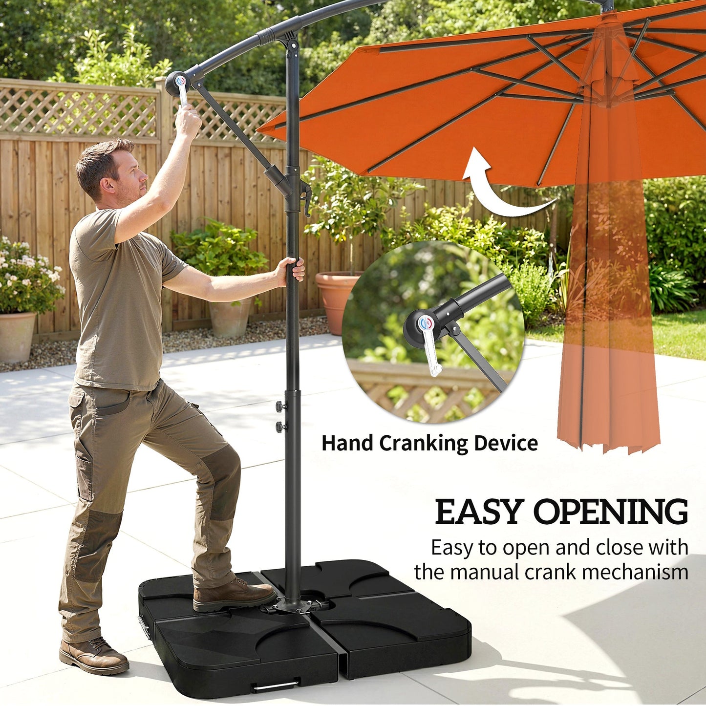 3 m Cantilever Parasol with Umbrella Weights, Cross Base, Offset Outdoor Umbrella with Protective Cover, Crank Handle, Hanging Sun Shade, Orange