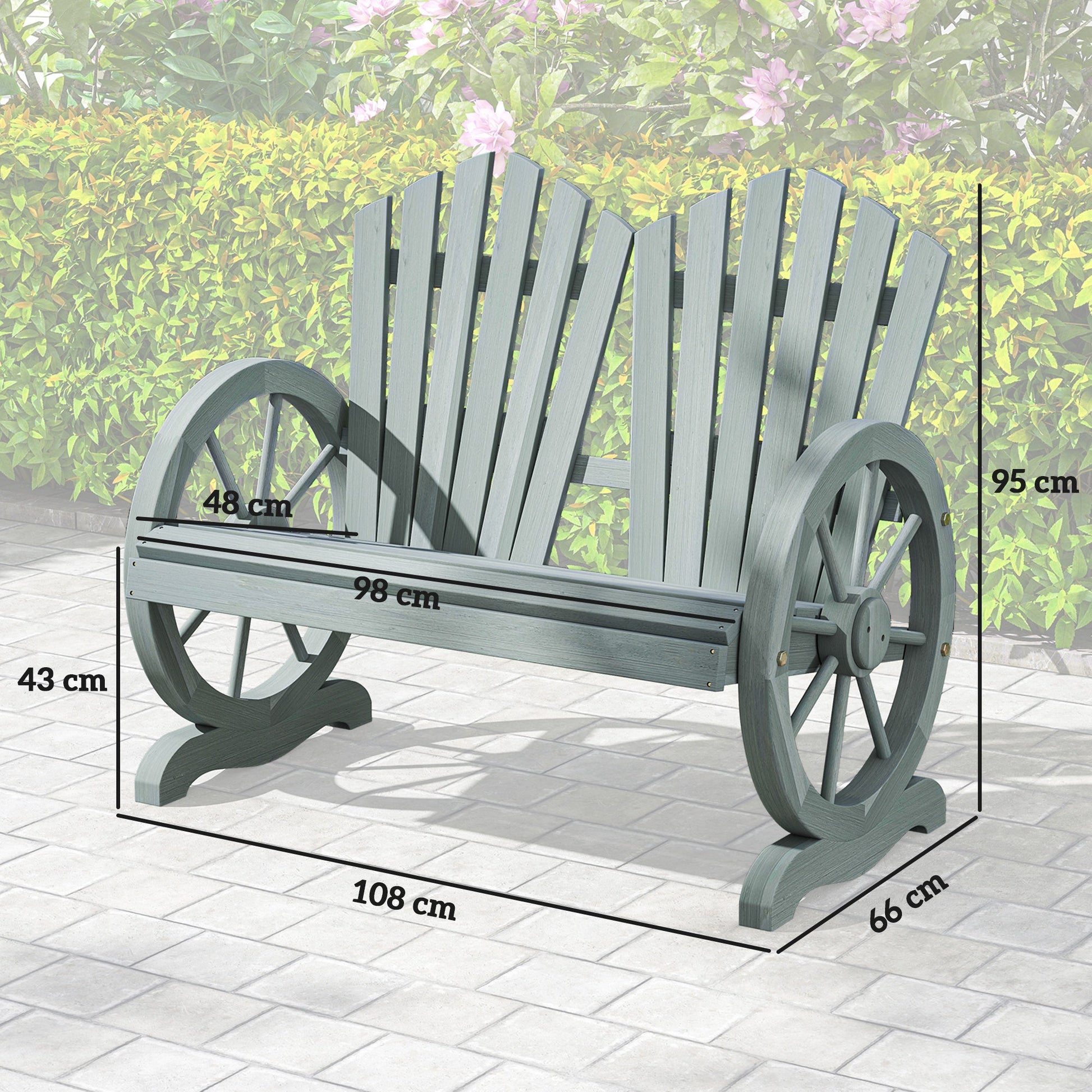2 Seater Garden Bench, Comfortable Fir Wood Love Chair with Wagon Wheel-Shaped Armrests, Outdoor Adirondack Wooden Loveseats, Grey