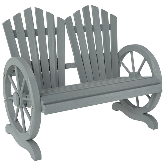 2 Seater Garden Bench, Comfortable Fir Wood Love Chair with Wagon Wheel-Shaped Armrests, Outdoor Adirondack Wooden Loveseats, Grey