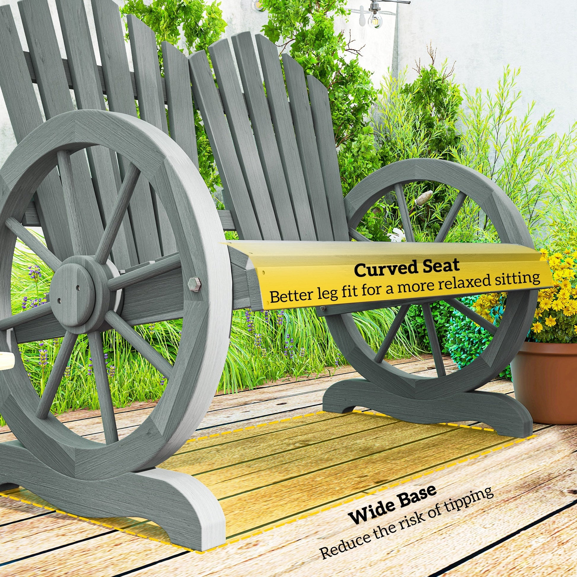 2 Seater Garden Bench, Comfortable Fir Wood Love Chair with Wagon Wheel-Shaped Armrests, Outdoor Adirondack Wooden Loveseats, Grey