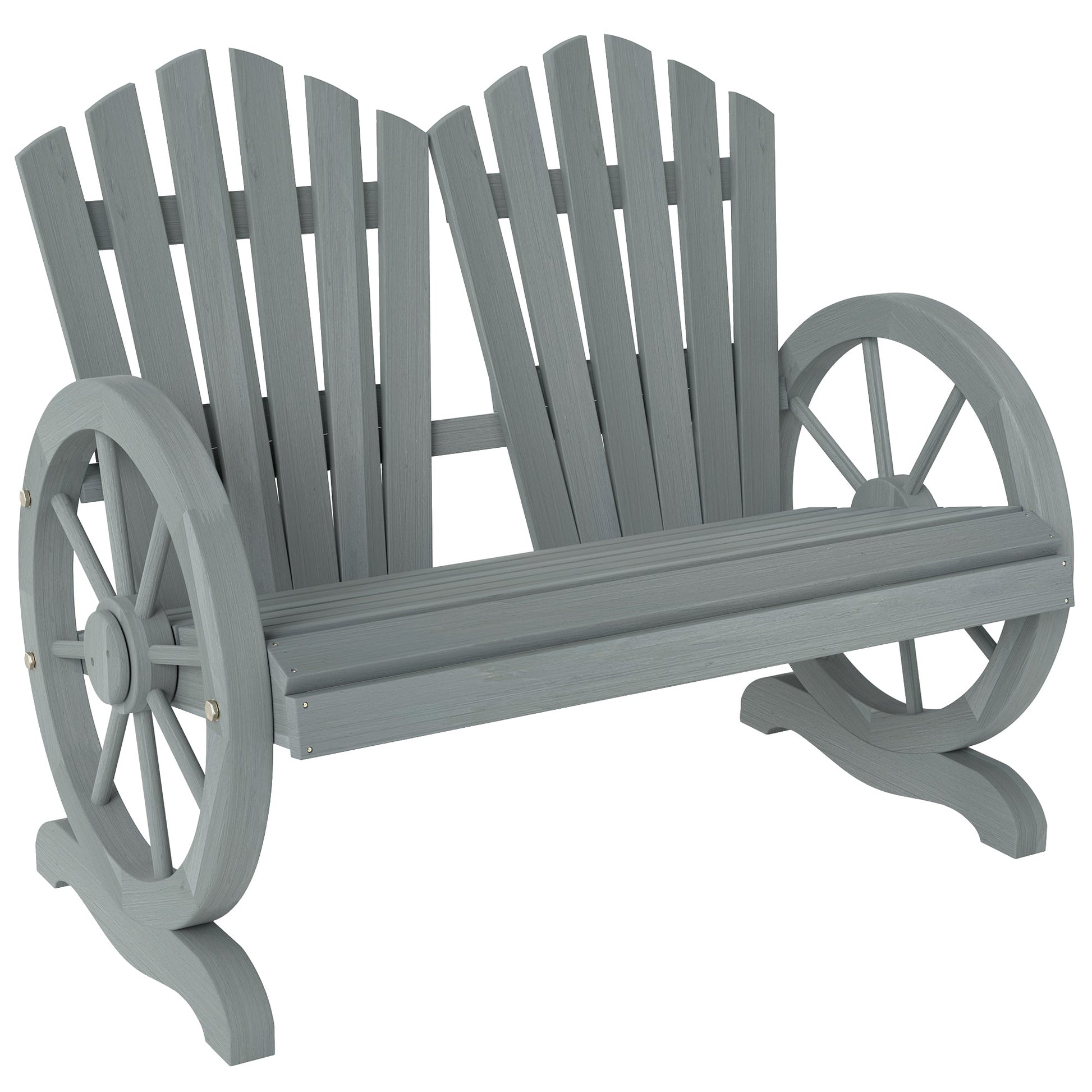 2 Seater Garden Bench, Comfortable Fir Wood Love Chair with Wagon Wheel-Shaped Armrests, Outdoor Adirondack Wooden Loveseats, Grey