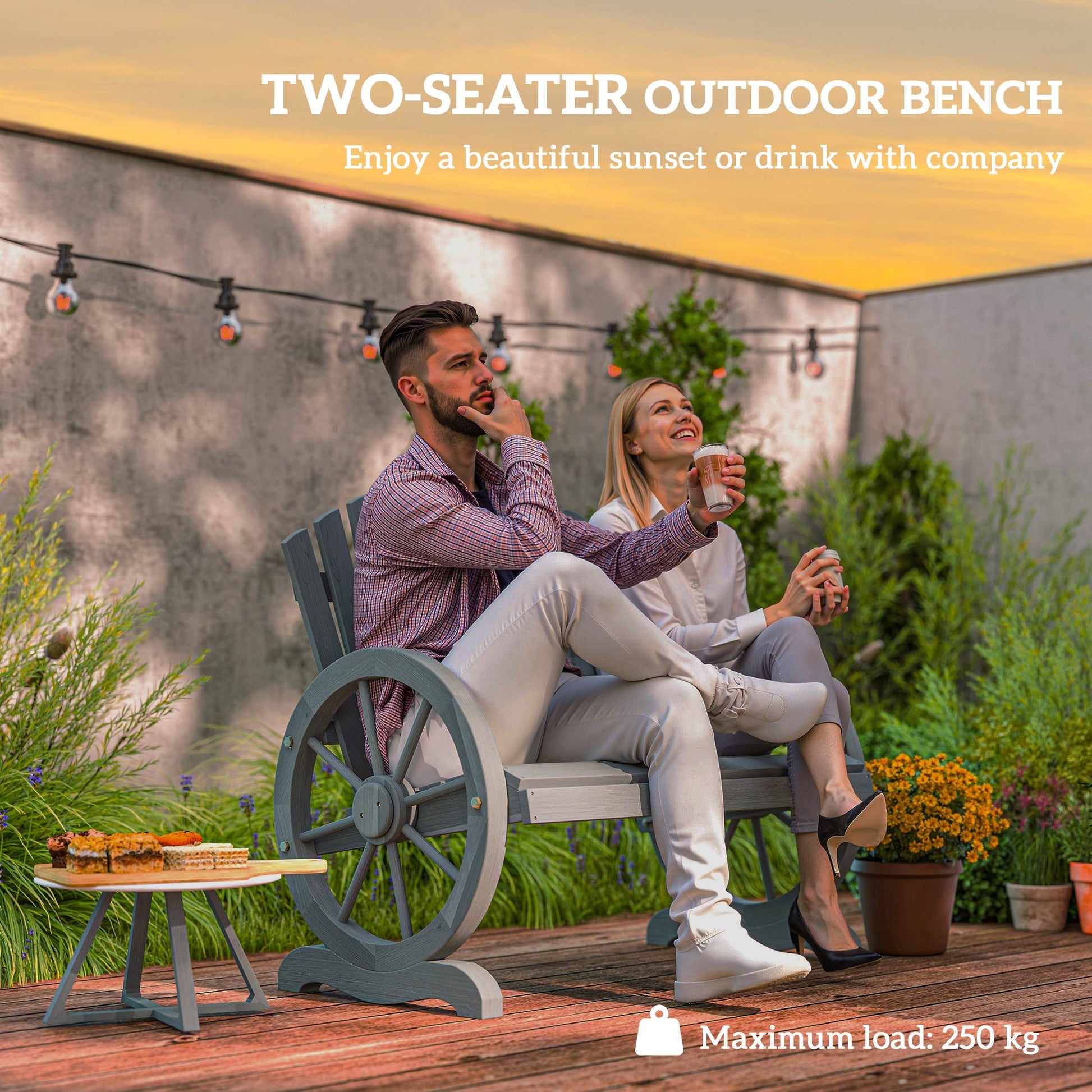 2 Seater Garden Bench, Comfortable Fir Wood Love Chair with Wagon Wheel-Shaped Armrests, Outdoor Adirondack Wooden Loveseats, Grey