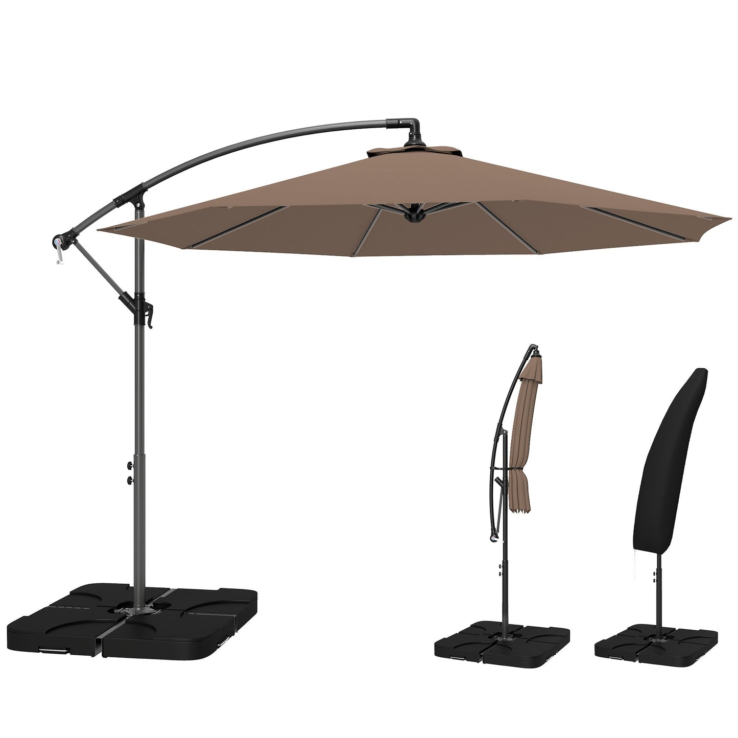 3 m Cantilever Parasol with Umbrella Weights, Cross Base, Offset Outdoor Umbrella with Protective Cover, Crank Handle, Hanging Sun Shade, Coffee