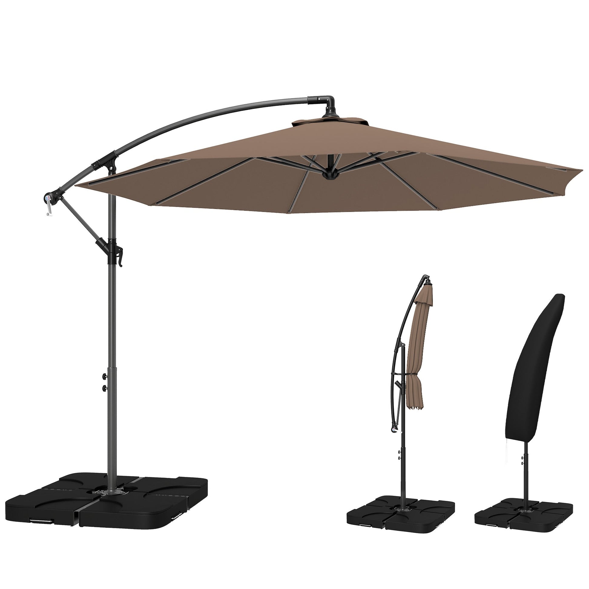 3 m Cantilever Parasol with Umbrella Weights, Cross Base, Offset Outdoor Umbrella with Protective Cover, Crank Handle, Hanging Sun Shade, Coffee