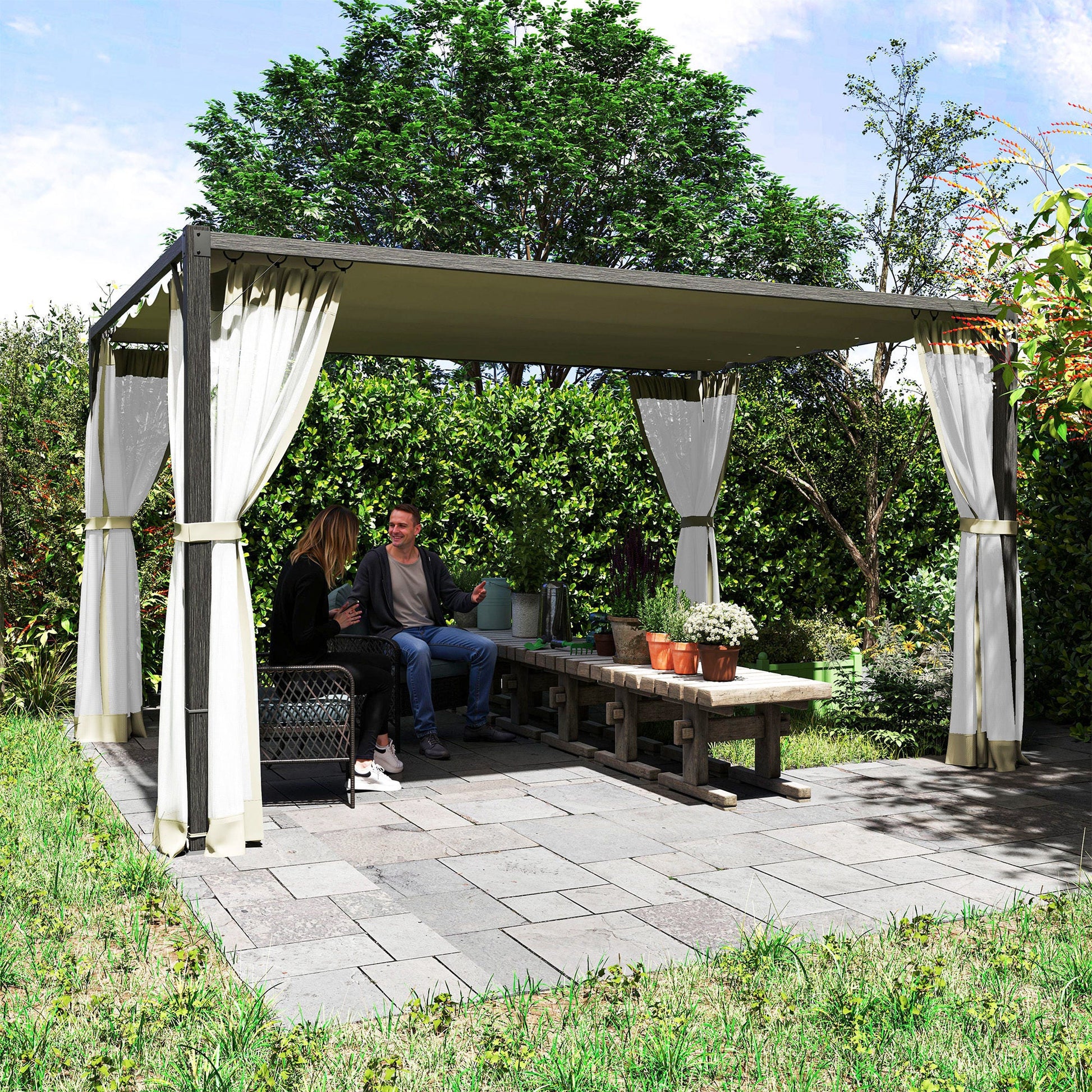 3 x 4 m Pergola with Retractable Roof Canopy and Netting Sidewalls, Aluminium Frame Garden Gazebo Outdoor Sun Shade Shelter for Grill, Patio, Deck, Khaki