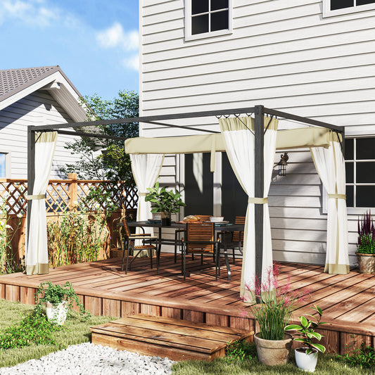 3 x 4 m Pergola with Retractable Roof Canopy and Netting Sidewalls, Aluminium Frame Garden Gazebo Outdoor Sun Shade Shelter for Grill, Patio, Deck, Khaki