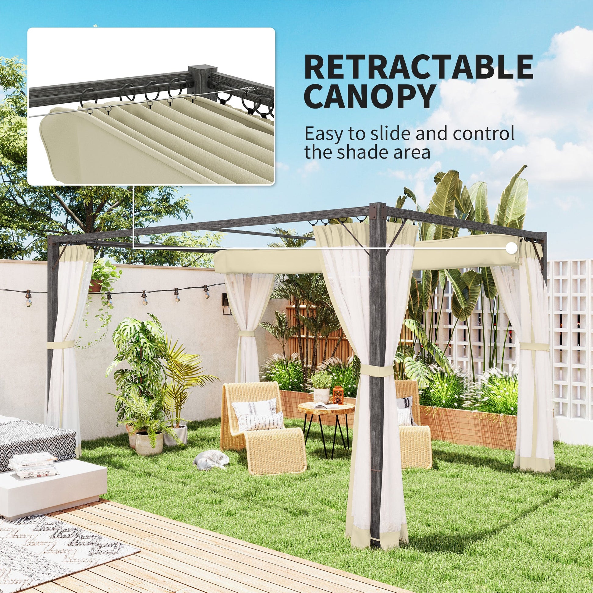 3 x 4 m Pergola with Retractable Roof Canopy and Netting Sidewalls, Aluminium Frame Garden Gazebo Outdoor Sun Shade Shelter for Grill, Patio, Deck, Khaki
