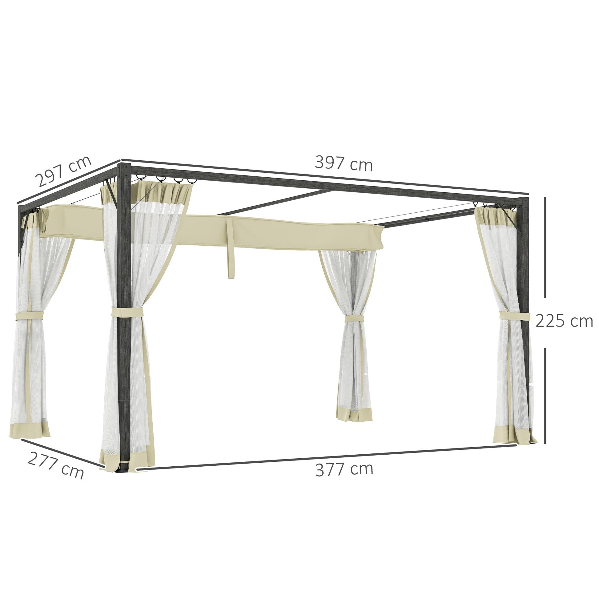 3 x 4 m Pergola with Retractable Roof Canopy and Netting Sidewalls, Aluminium Frame Garden Gazebo Outdoor Sun Shade Shelter for Grill, Patio, Deck, Khaki