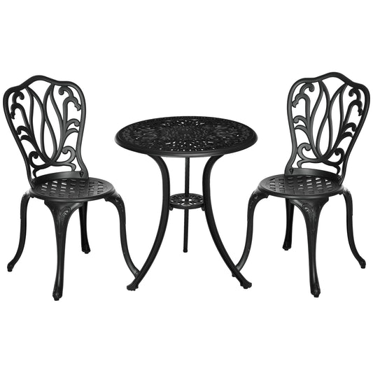 3 Piece Garden Bistro Set, Cast Aluminium Outdoor Furniture Set with Umbrella Hole for Balcony, Porch, Patio, Black