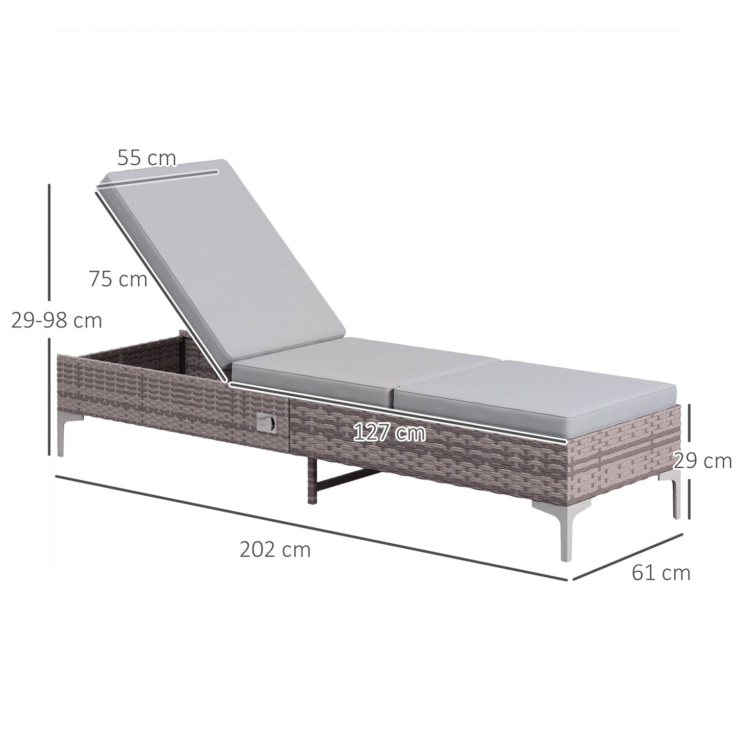 Outdoor PE Rattan Sun Lounger, Multi-position Backrest Adjustable Single Recliner Sunbed Daybed with Removeable & Washable Cushion, for Patio, Garden, Light Grey
