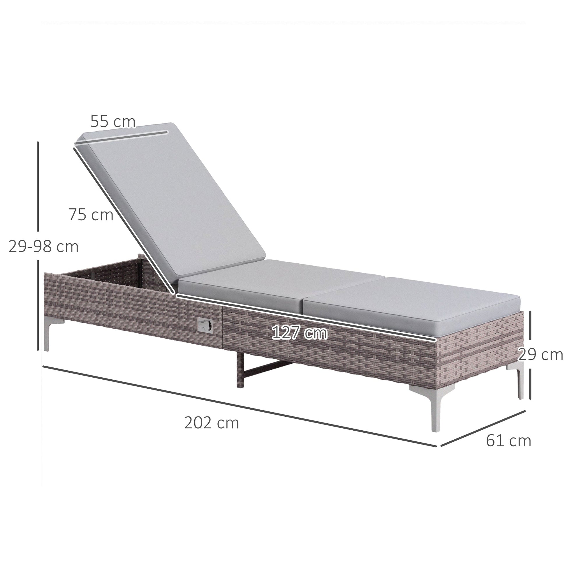Outdoor PE Rattan Sun Lounger, Multi-position Backrest Adjustable Single Recliner Sunbed Daybed with Removeable & Washable Cushion, for Patio, Garden, Light Grey