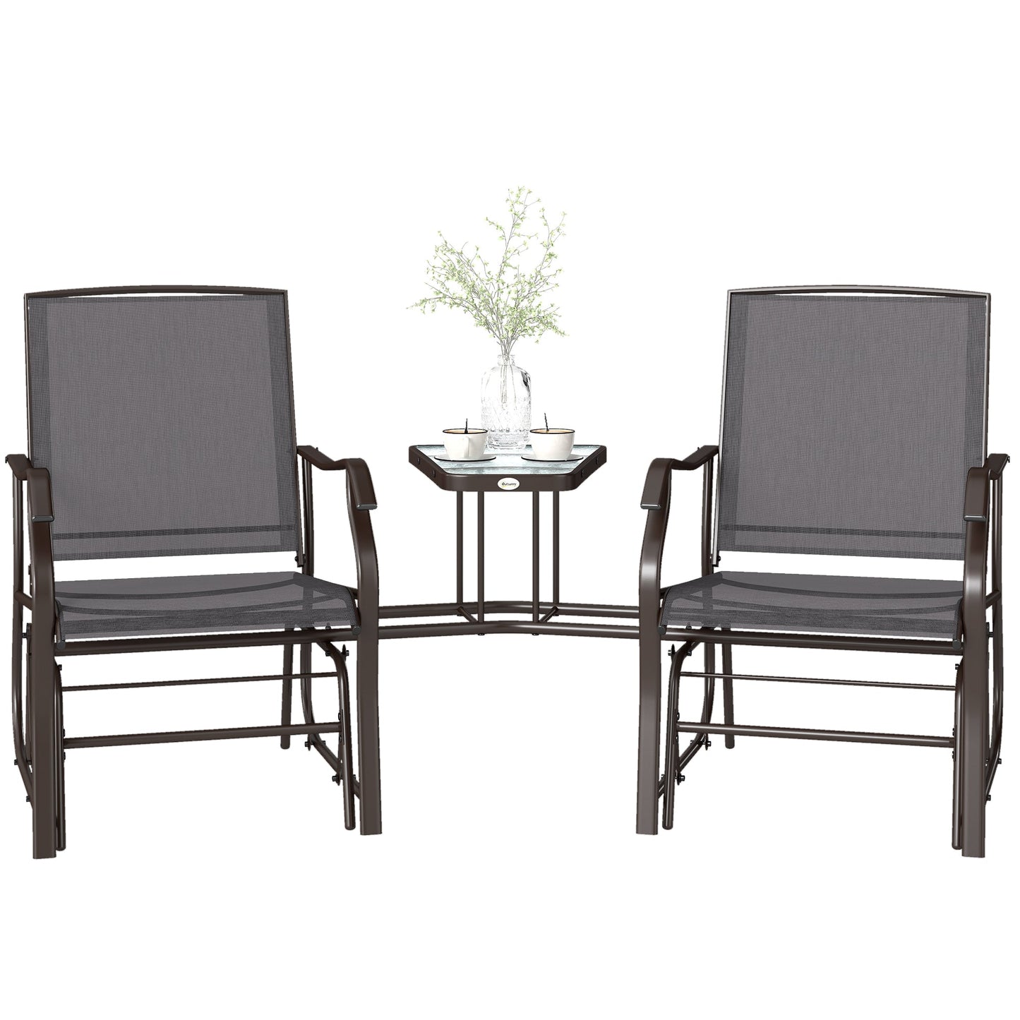 Outdoor Double Glider Rocking Chairs with Glass Top Middle Table, Metal Gliding Love Seat Conversation Furniture with Breathable Mesh Fabric Seat, for Garden, Patio, Grey