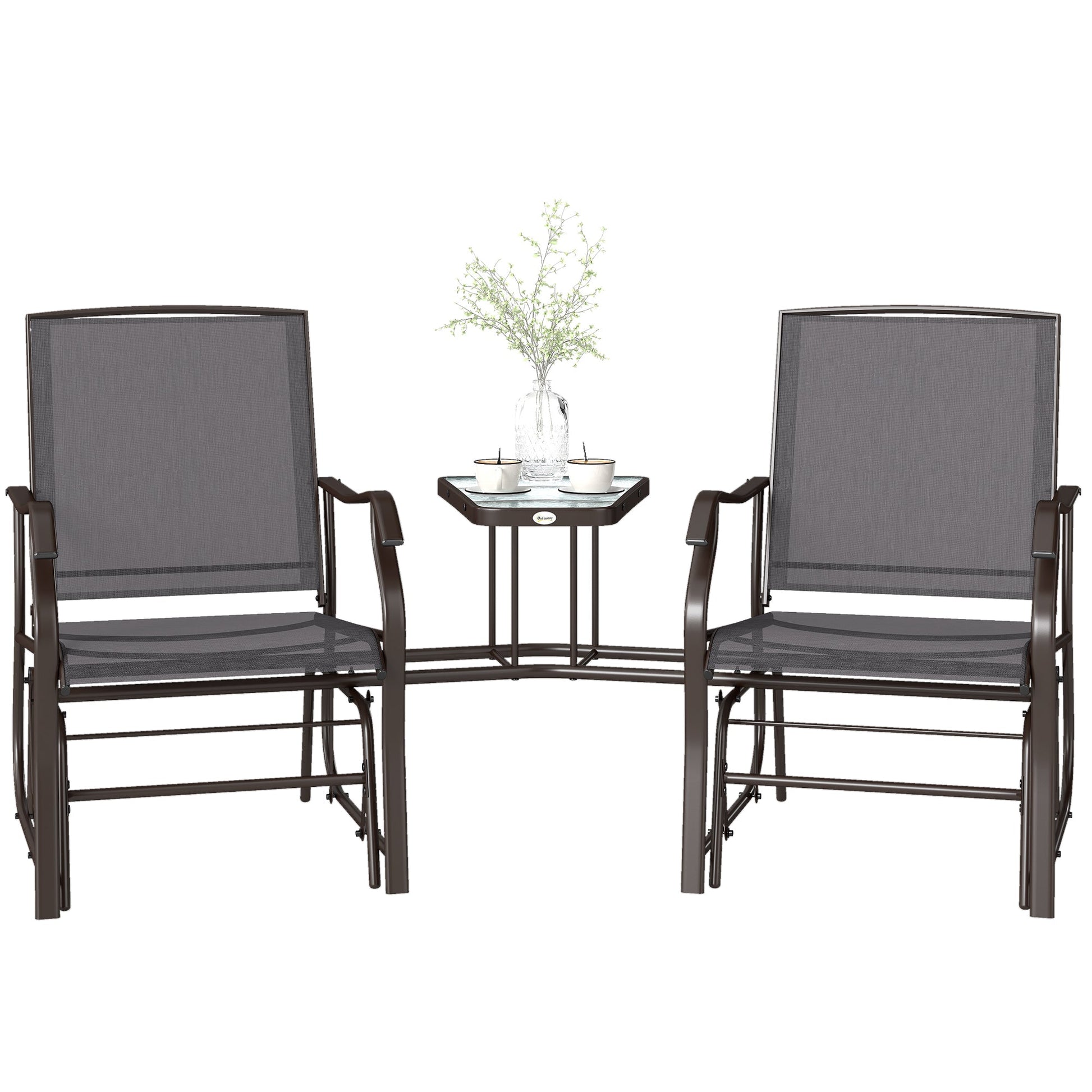 Outdoor Double Glider Rocking Chairs with Glass Top Middle Table, Metal Gliding Love Seat Conversation Furniture with Breathable Mesh Fabric Seat, for Garden, Patio, Grey