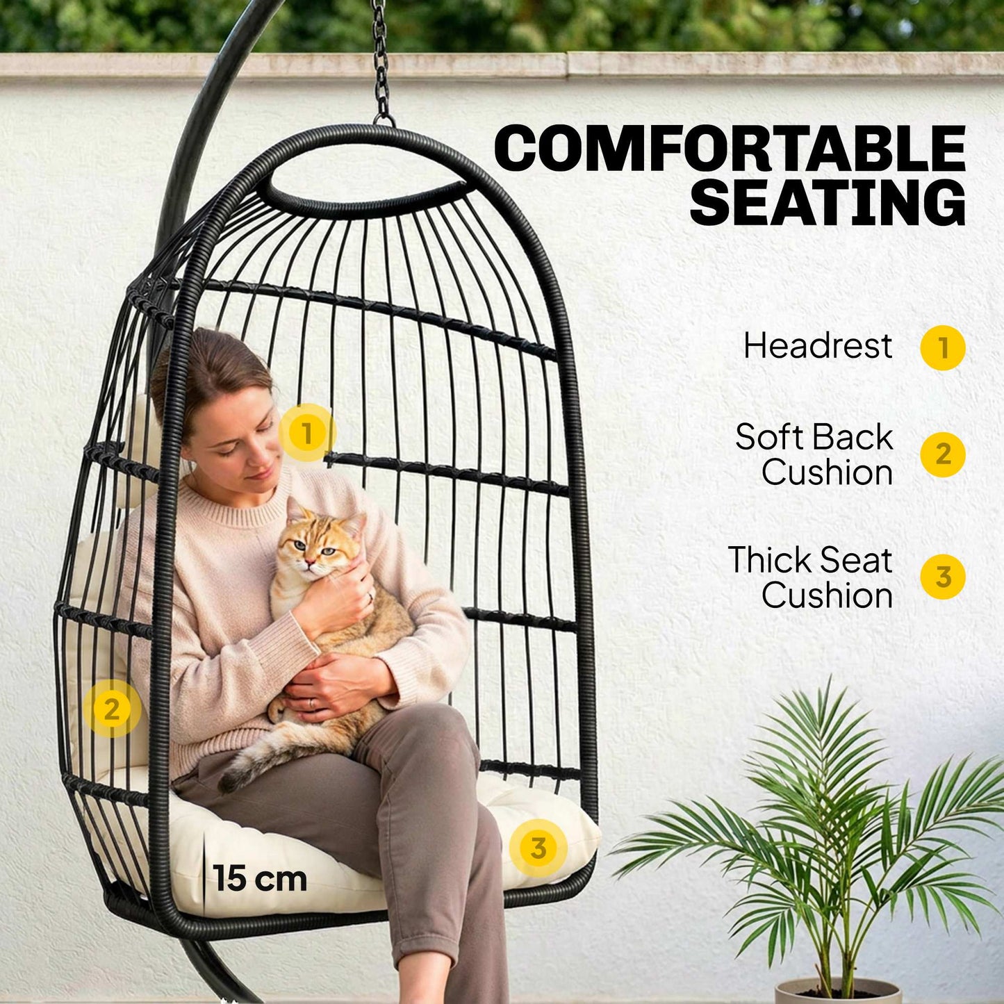 Hanging Egg Chair, Indoor Outdoor Hammock Swing Chair with Stand, Safety Strap, Foldable Basket, Thick Cushions, Headrest, Adjustable Height, Metal Frame for Garden Balcony, Black/Cream White