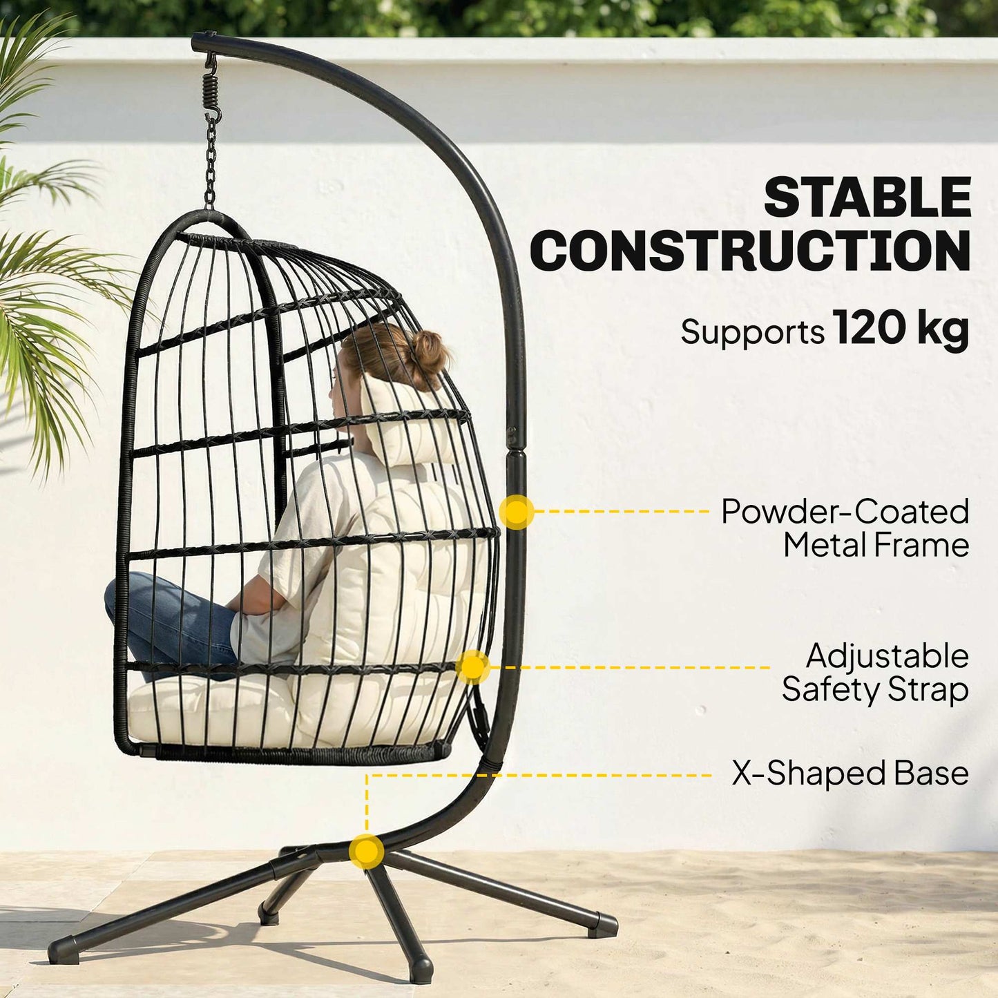 Hanging Egg Chair, Indoor Outdoor Hammock Swing Chair with Stand, Safety Strap, Foldable Basket, Thick Cushions, Headrest, Adjustable Height, Metal Frame for Garden Balcony, Black/Cream White