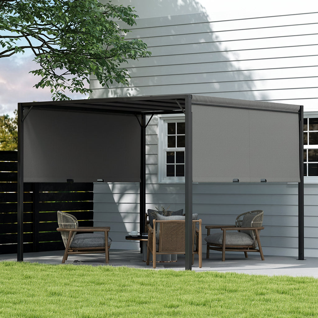 3 X 3 Meters Pergola with Retractable Roof, Garden Gazebo with Adjustable Sun Shade Canopy and Steel Frame, Charcoal Grey