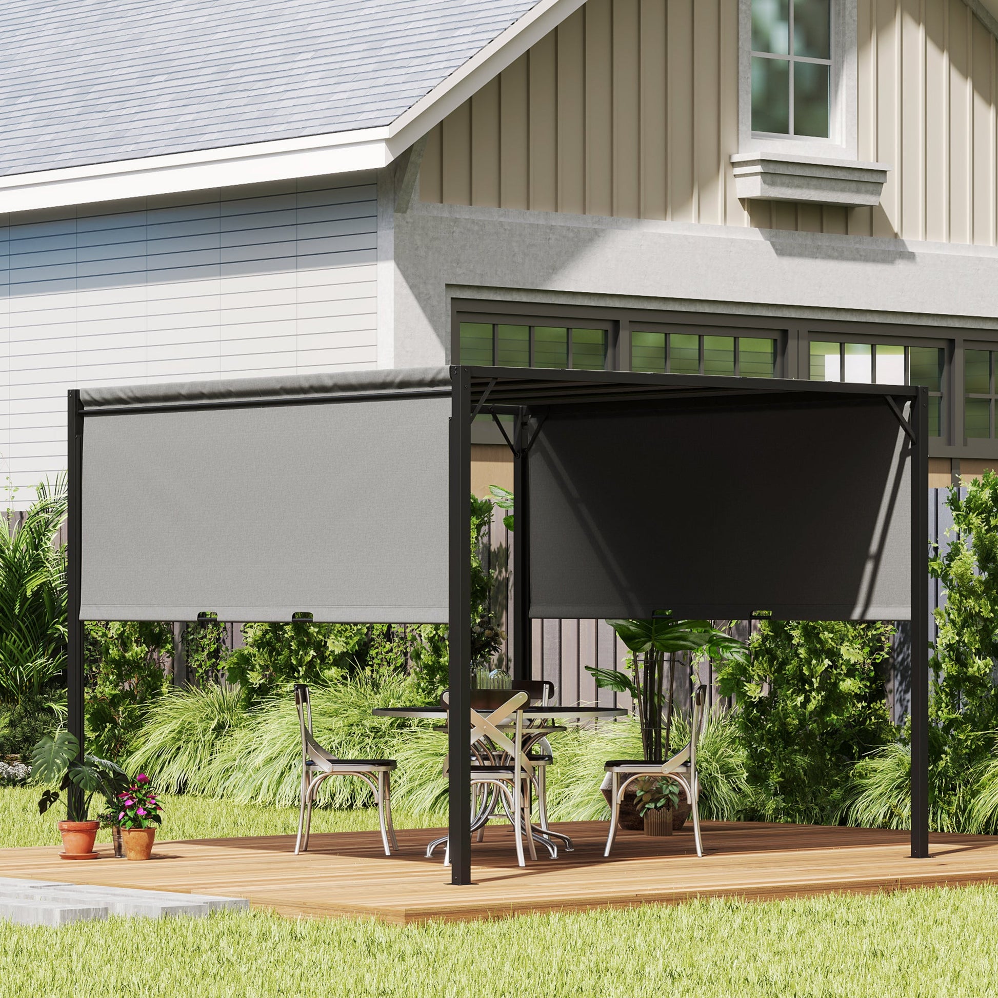 3 X 3 Meters Pergola with Retractable Roof, Garden Gazebo with Adjustable Sun Shade Canopy and Steel Frame, Charcoal Grey