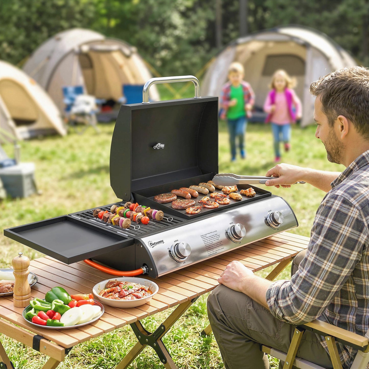 3 Burner Portable Gas Plancha BBQ Grill, 8.1 kW Outdoor Tabletop Gas Barbecue Grill with Griddle, Convertible Side Shelf, Built-in Thermometer, Lid, Adjustable Foot Pads for Camping, Black