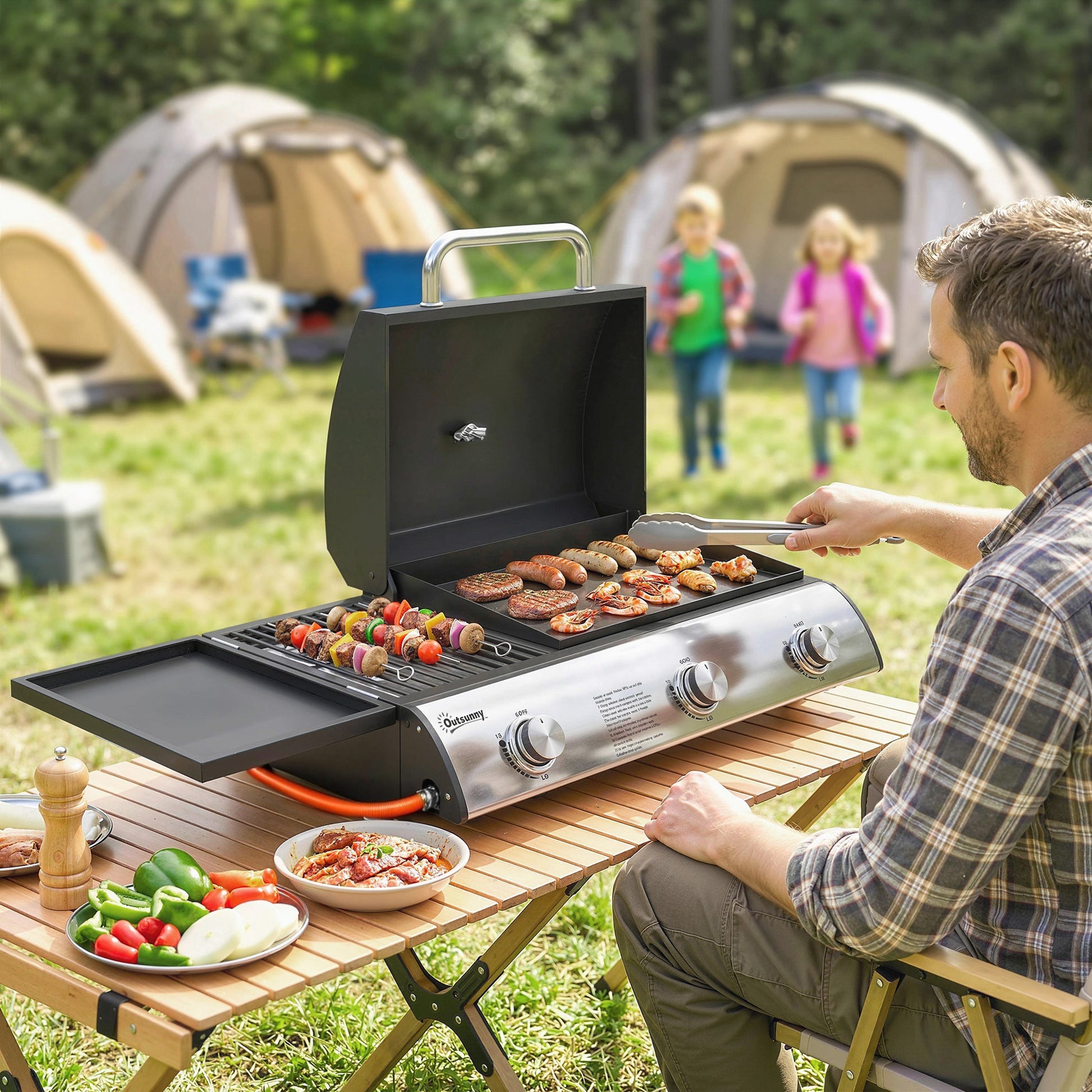 3 Burner Portable Gas Plancha BBQ Grill, 8.1 kW Outdoor Tabletop Gas Barbecue Grill with Griddle, Convertible Side Shelf, Built-in Thermometer, Lid, Adjustable Foot Pads for Camping, Black