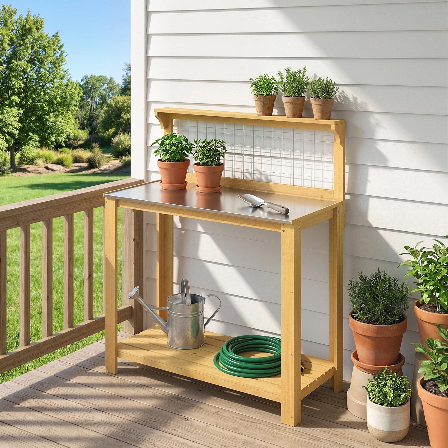 Wooden Potting Bench Table with Aluminium Worktop, Outdoor Garden Workbench with 2 Shelves and Grid Design for DIY, Planting Work Station for Patio, Yard, Balcony, 100 x 48 x 119 cm, Yellow