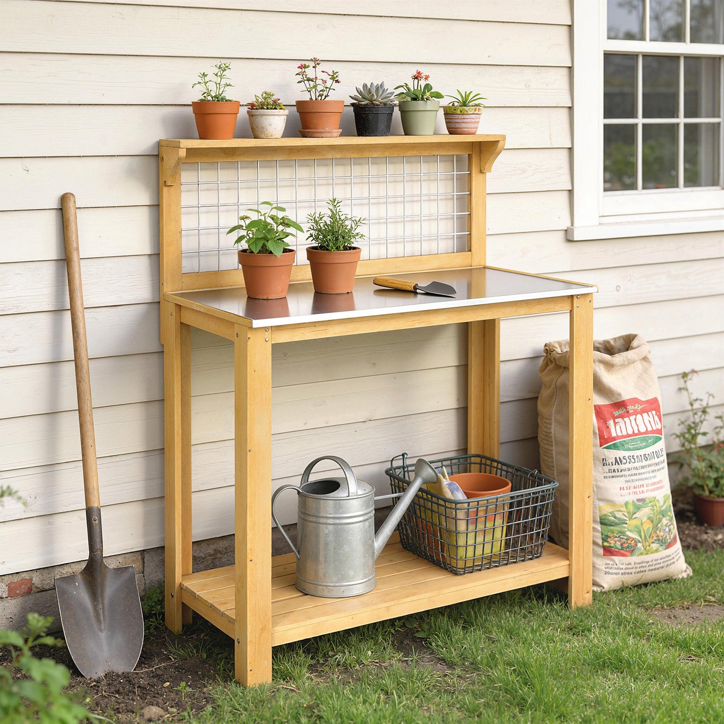 Wooden Potting Bench Table with Aluminium Worktop, Outdoor Garden Workbench with 2 Shelves and Grid Design for DIY, Planting Work Station for Patio, Yard, Balcony, 100 x 48 x 119 cm, Yellow
