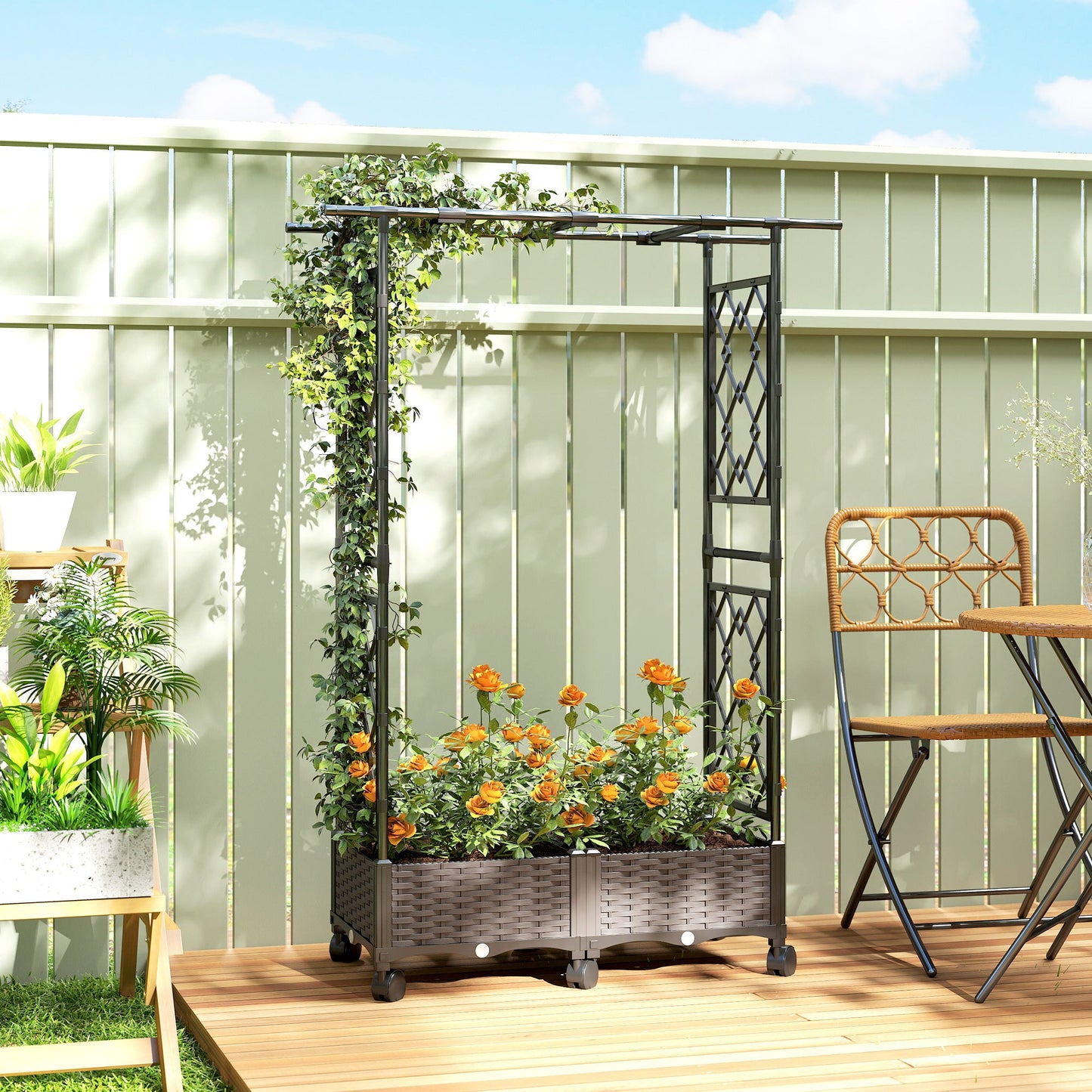 Raised Garden Bed with Arch Trellis, Raised Bed for Garden on Wheels with Side Trellis, Self Watering Outdoor Planter Box with Drainage Holes, Drain Plugs for Climbing Plants, Flowers, Herbs