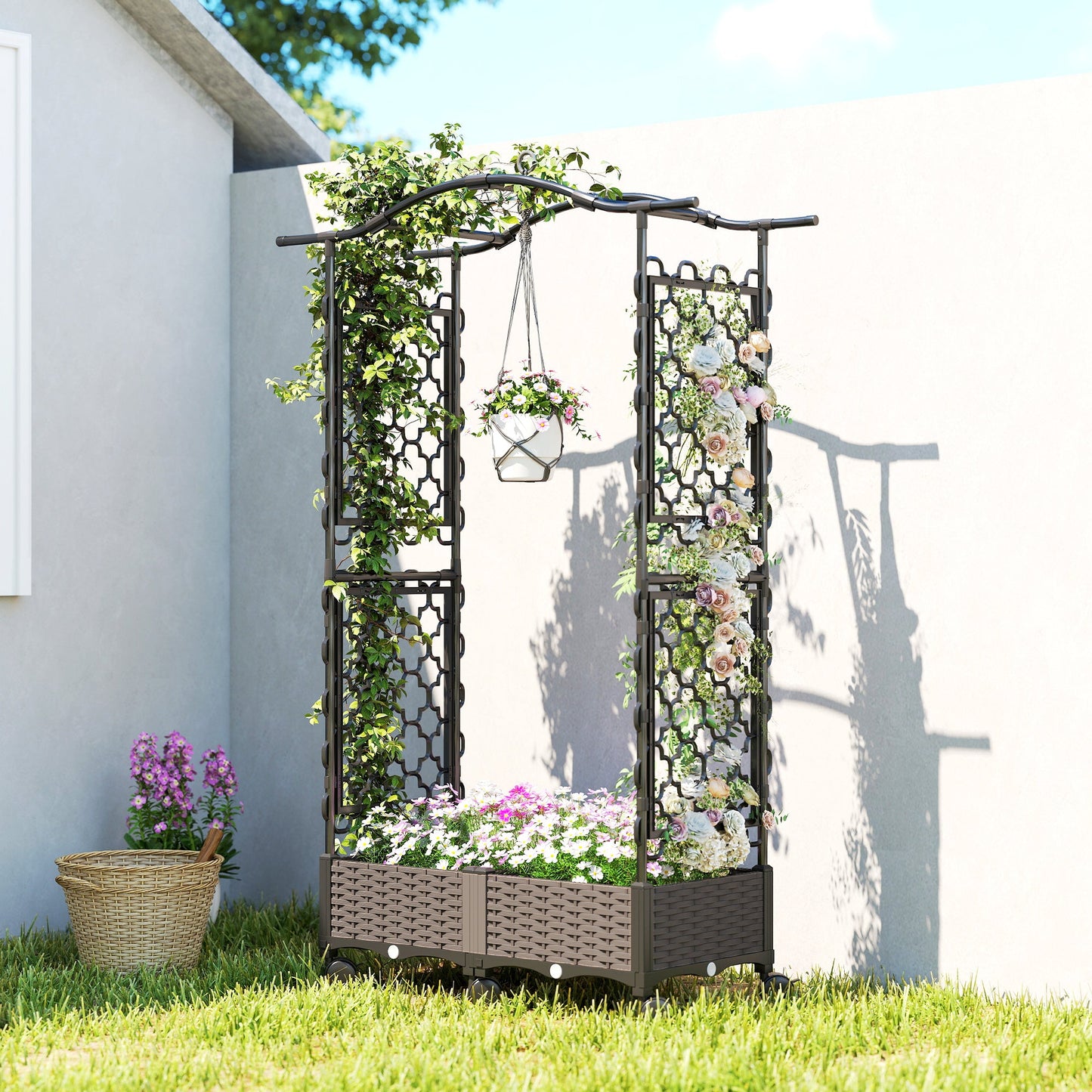 Raised Garden Bed with Arch Trellis, Raised Bed for Garden on Wheels with Side Trellis, Self Watering Outdoor Planter Box with Drainage Holes, Drain Plugs for Climbing Plants, Flowers, Herbs