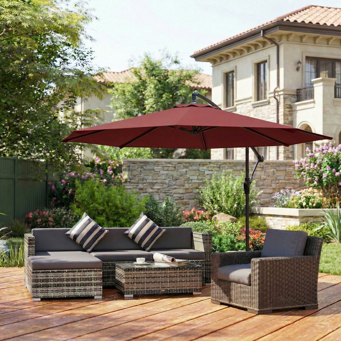 3(m) Garden Banana Parasol Hanging Cantilever Umbrella with Crank Handle, 8 Ribs and Cross Base for Outdoor, Sun Shade, Wine Red
