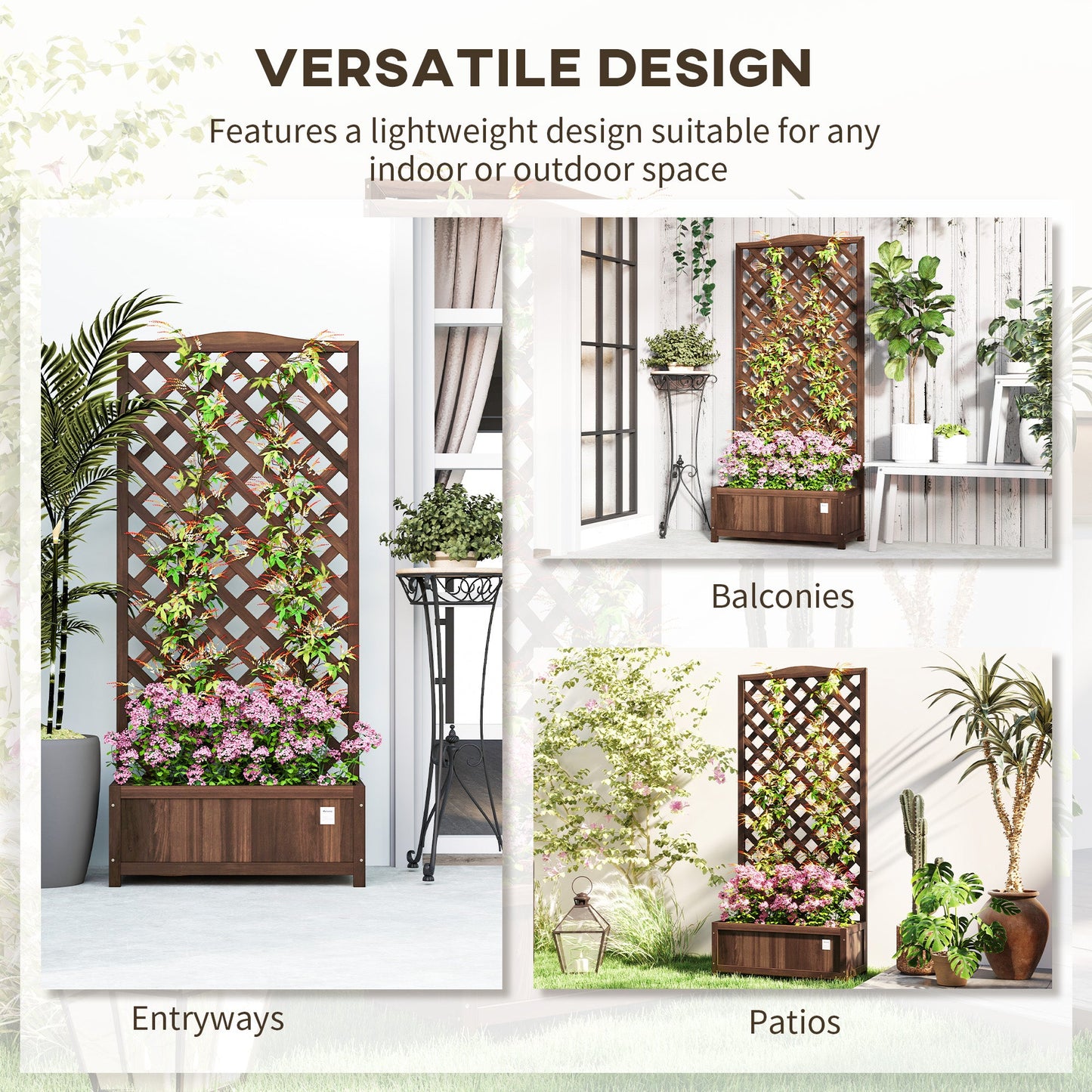 53L Garden Wooden Planter Box with Trellis Free Standing Flower Raised Bed with Lattice for Climbing Plants, 76cm x 36cm x 170cm, Dark Brown