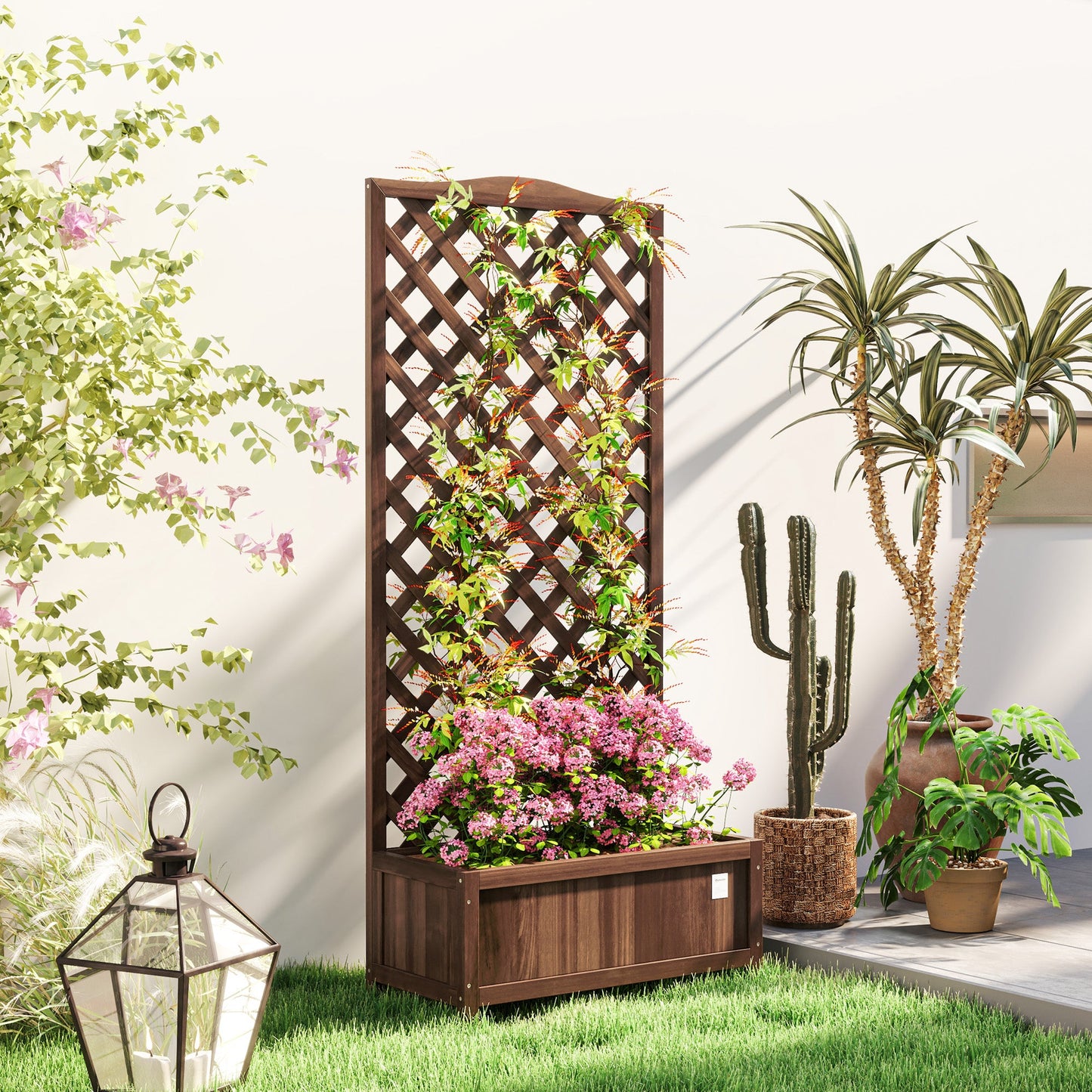 53L Garden Wooden Planter Box with Trellis Free Standing Flower Raised Bed with Lattice for Climbing Plants, 76cm x 36cm x 170cm, Dark Brown