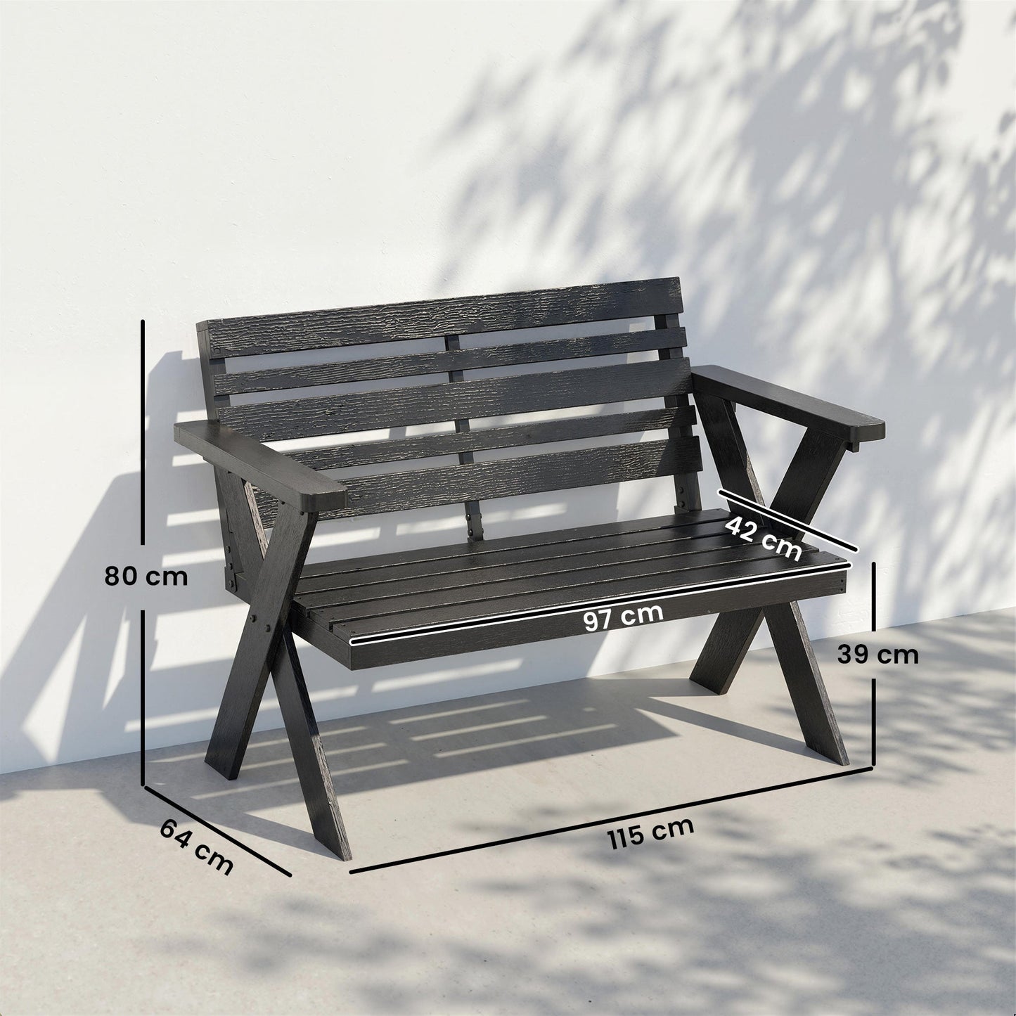 2 Seater Wooden Garden Bench, Slatted Patio Bench with Armrest and Backrest, Outdoor Furniture with X-Frame Legs for Park, Balcony, Terrace, Black
