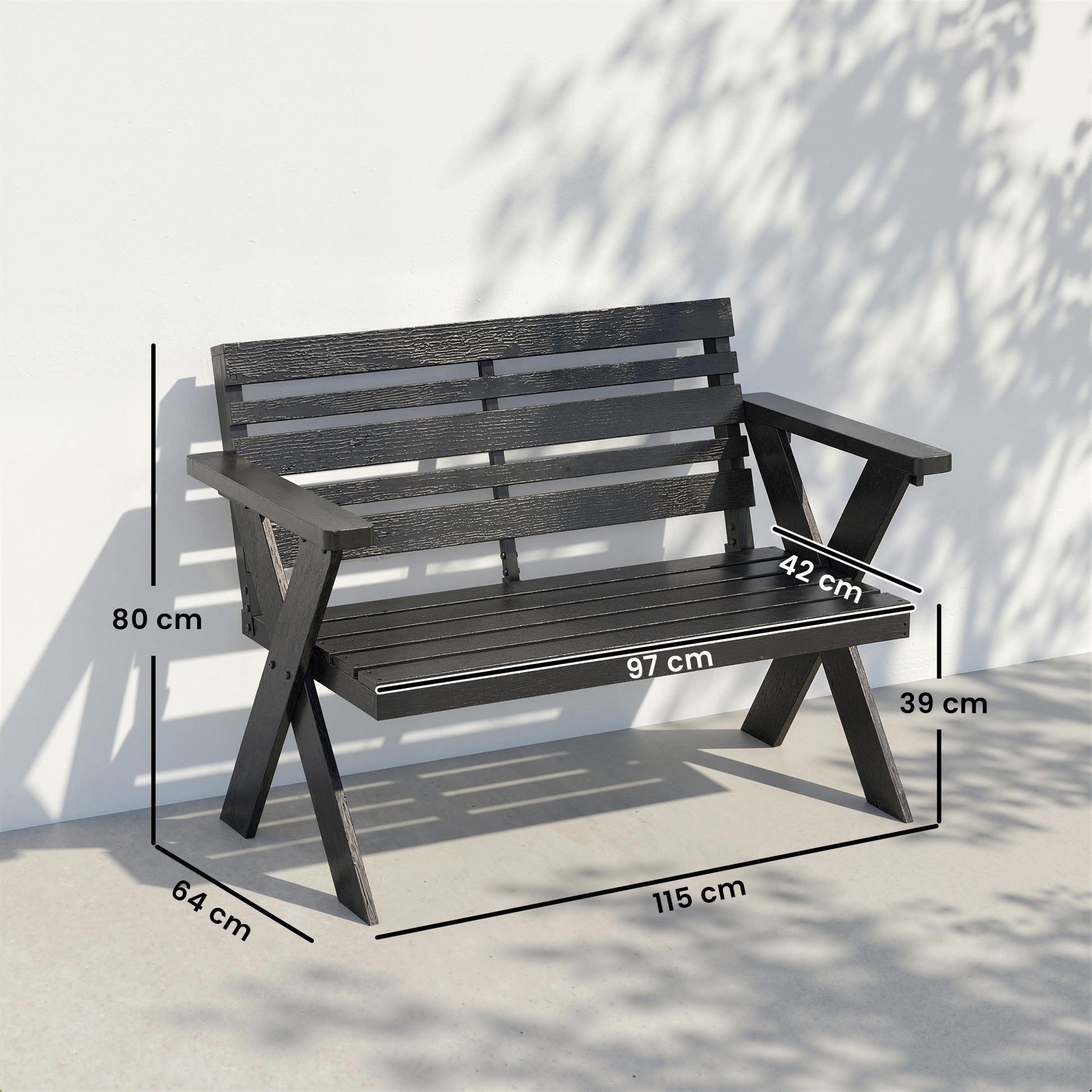 2 Seater Wooden Garden Bench, Slatted Patio Bench with Armrest and Backrest, Outdoor Furniture with X-Frame Legs for Park, Balcony, Terrace, Black