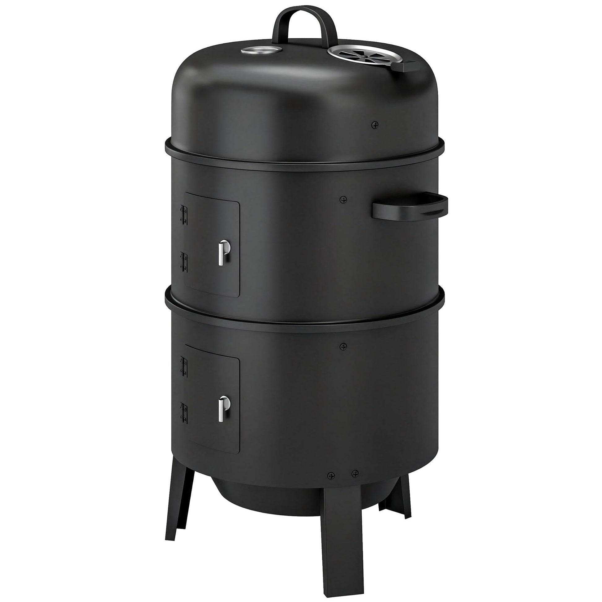 3-in-1 Vertical Barbecue Charcoal Smoker with 2 Grill Grates, Built-in Thermometer, Adjustable Vent, 2 Doors, Outdoor BBQ Smoker Grill for Camping, Parties, Picnic