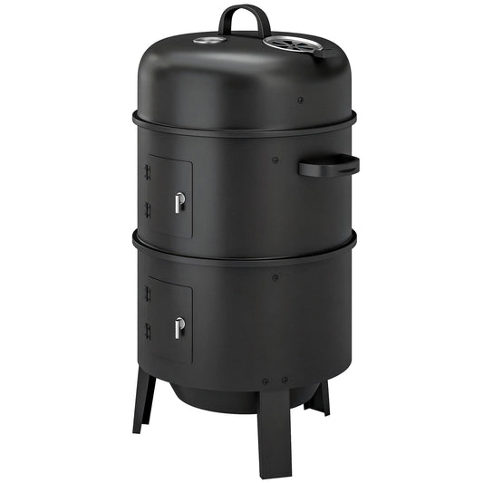 3-in-1 Vertical Barbecue Charcoal Smoker with 2 Grill Grates, Built-in Thermometer, Adjustable Vent, 2 Doors, Outdoor BBQ Smoker Grill for Camping, Parties, Picnic