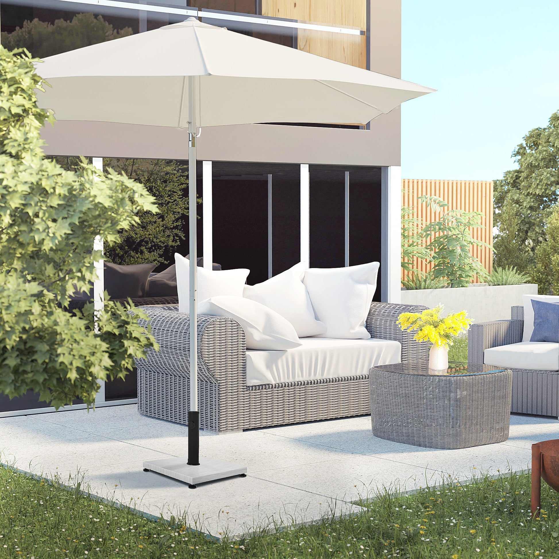 12kg Garden Parasol Base with Adjustable Foot Pad and Knob, Concrete Umbrella Stand with Wood Effect, Rectangular Parasol Holder for 38mm and 48mm Poles, White