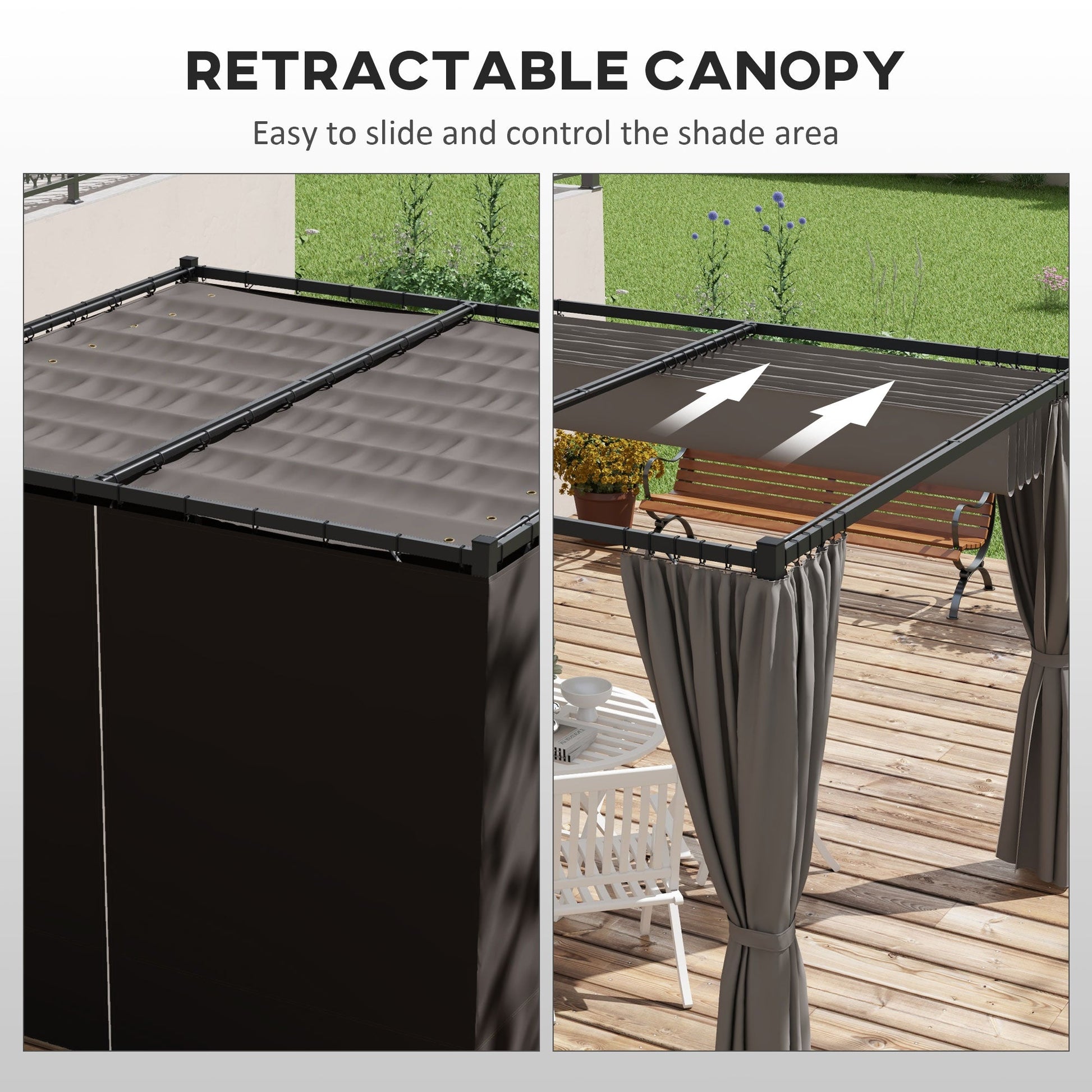 3 x 3(m) Pergola with Retractable Roof Canopy and Curtains, Metal Frame Garden Gazebo Outdoor Sun Shade Shelter for Grill, Patio, Deck, Light Grey